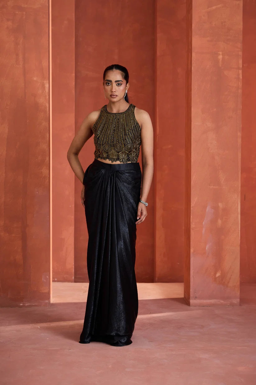 Gold Emb Blouse Drape Skirt