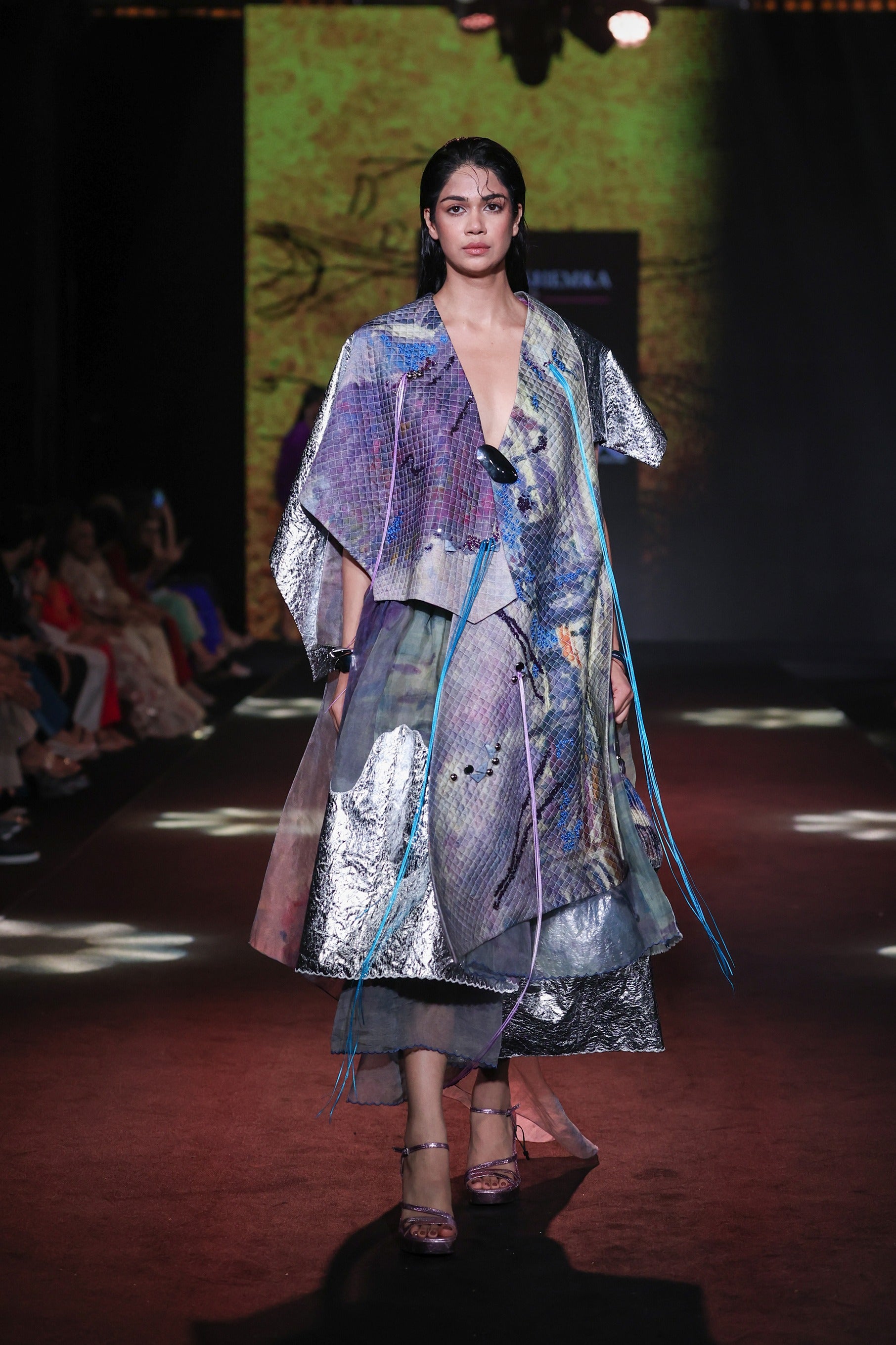 Quilted Printed Cape With Organza Skirt
