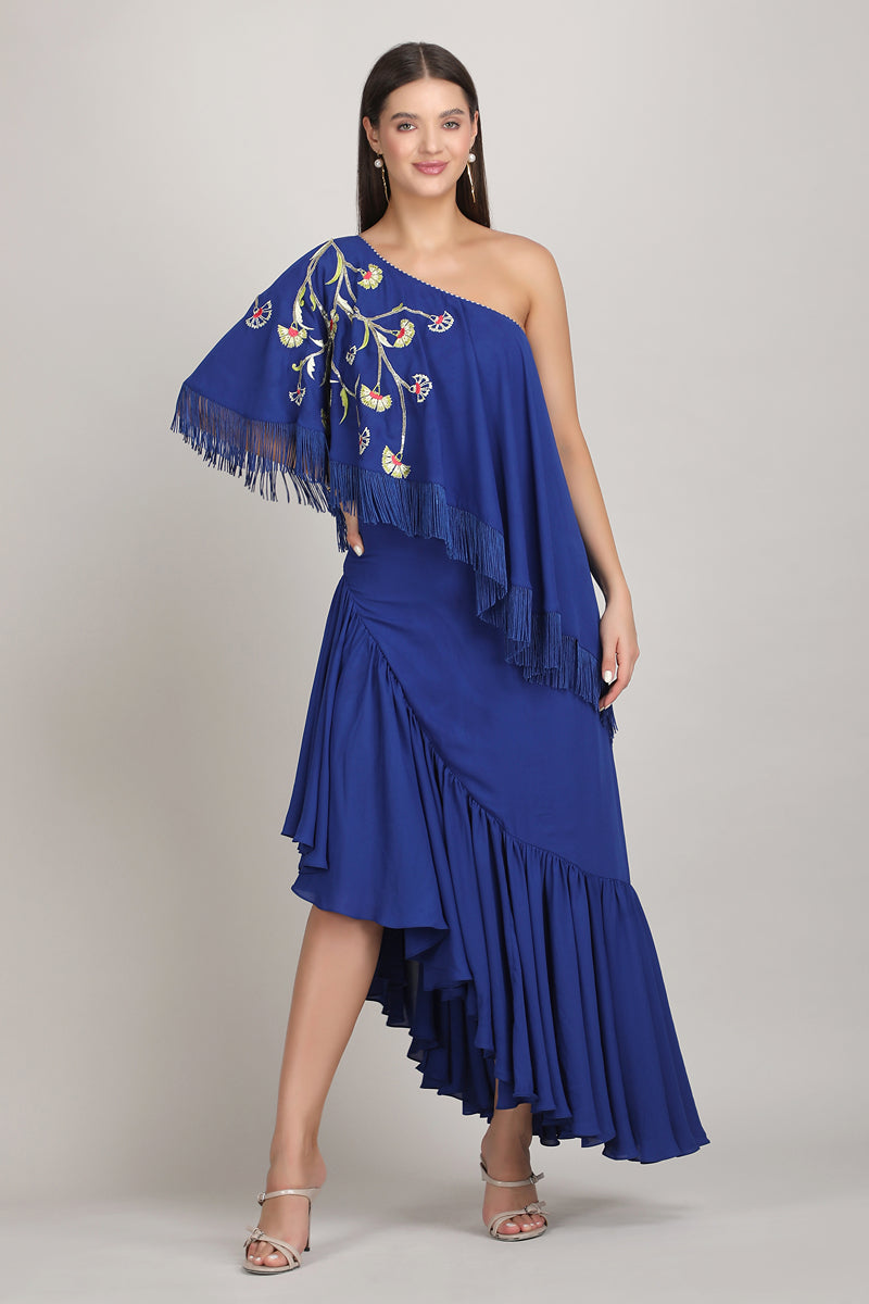 Sapphire Fringe Drape One shoulder dress