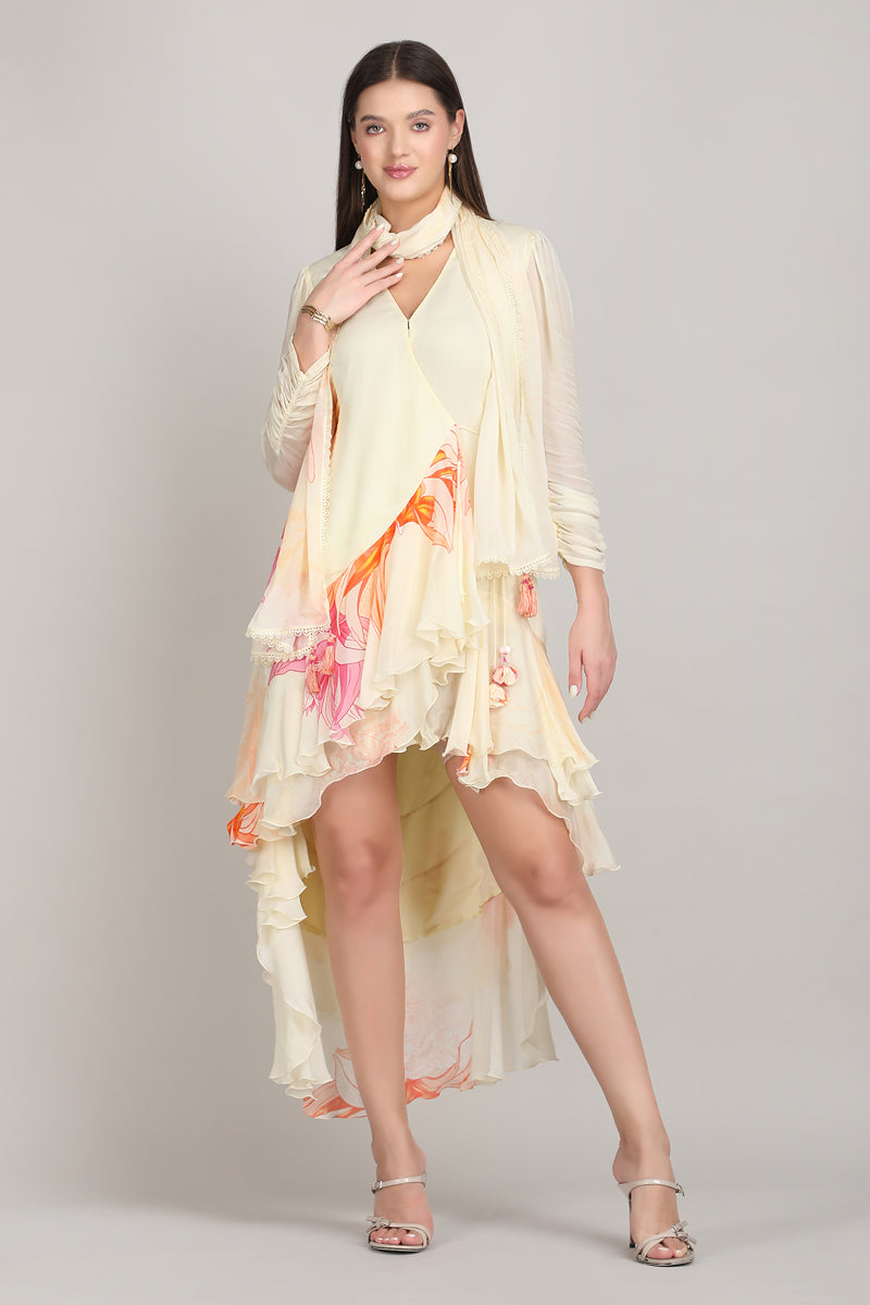 High Low Wrap Ivory Dress with Scraf