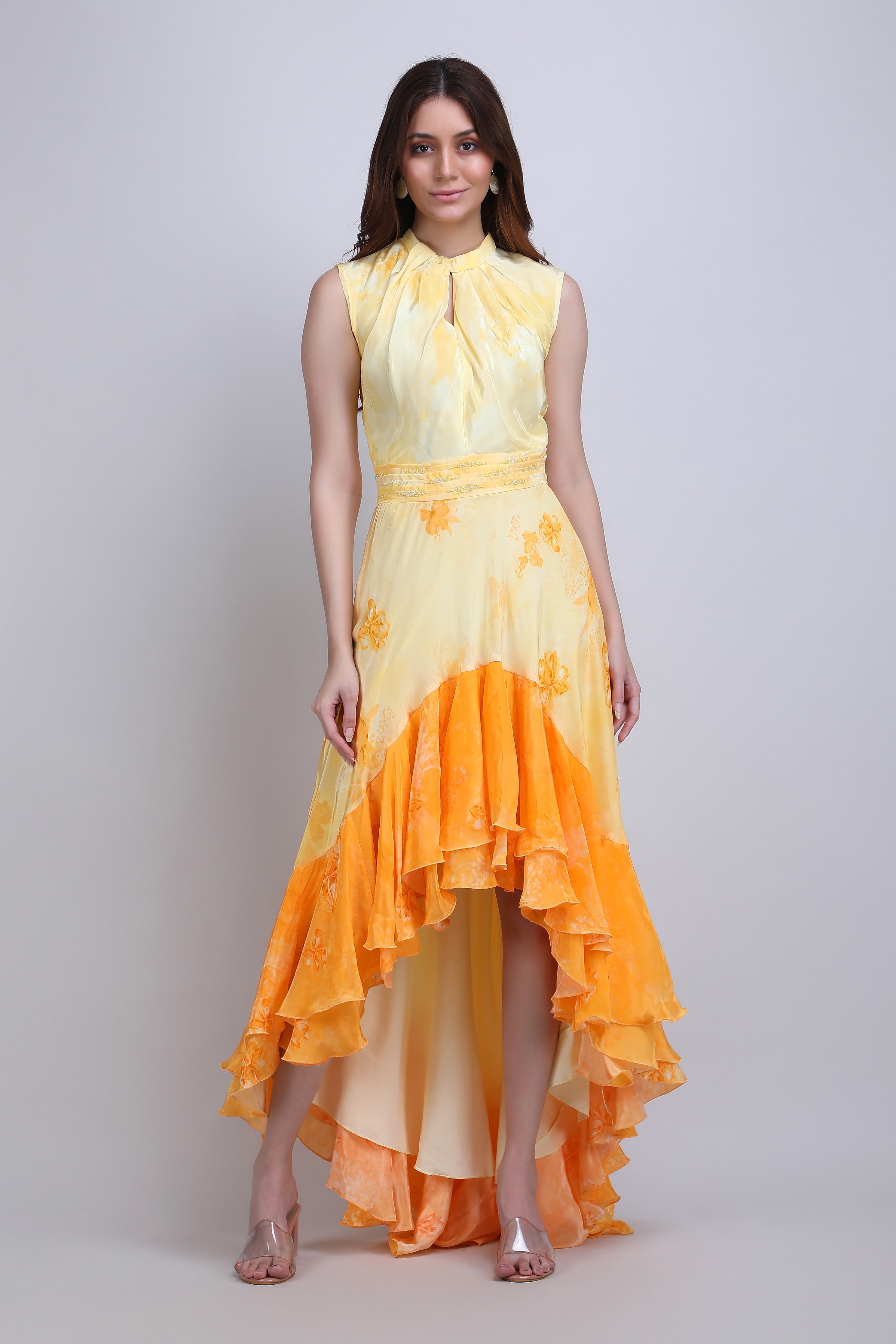 Yellow floral High-Low Ruffle Dress