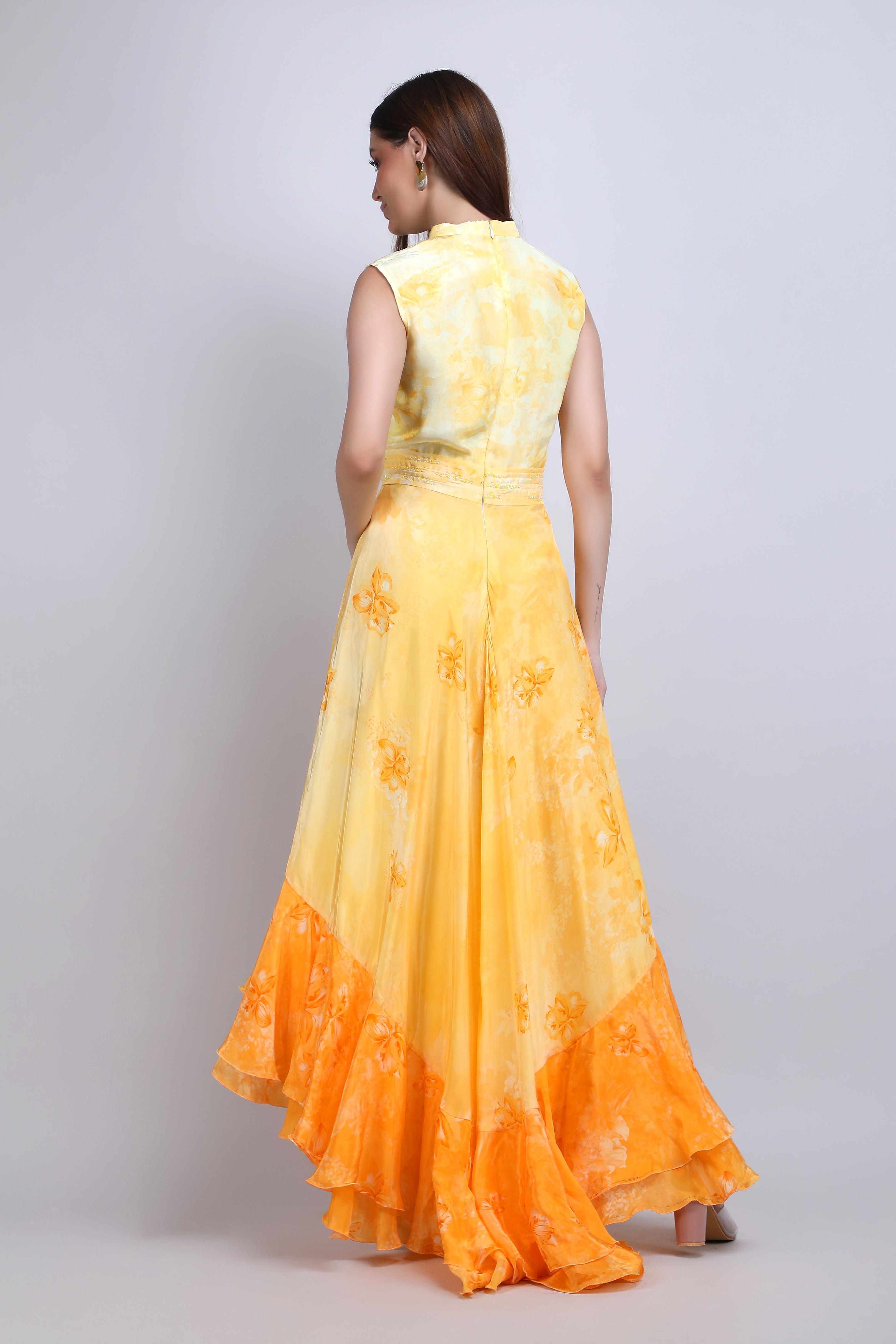 Yellow floral High-Low Ruffle Dress