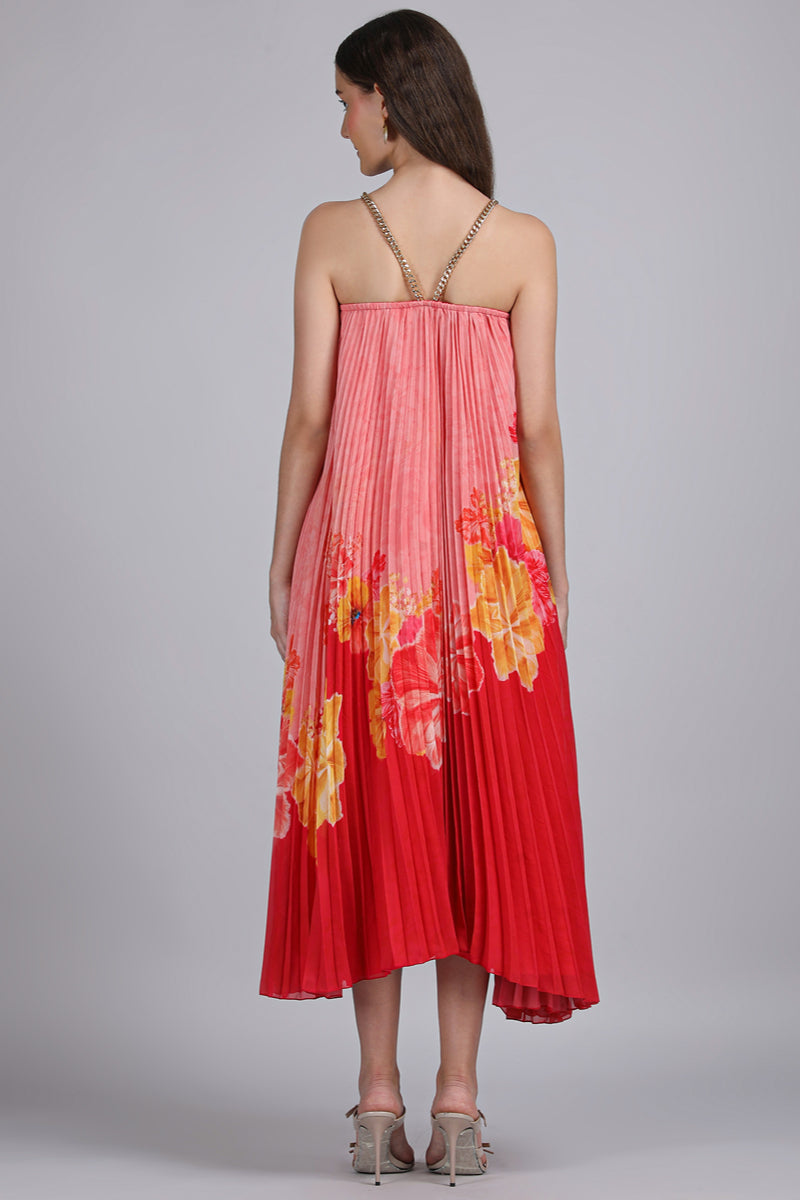 Crimson Pleated Halter Dress