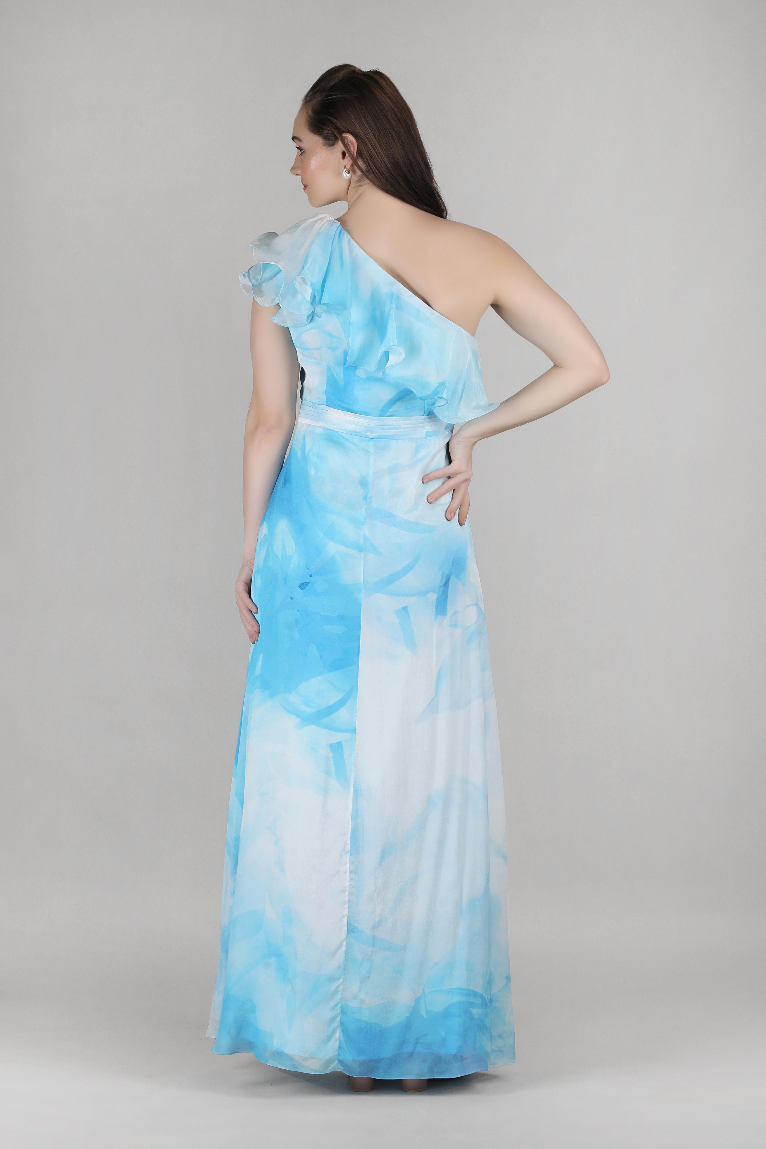 Aqua One-Shoulder Ruffle Dress