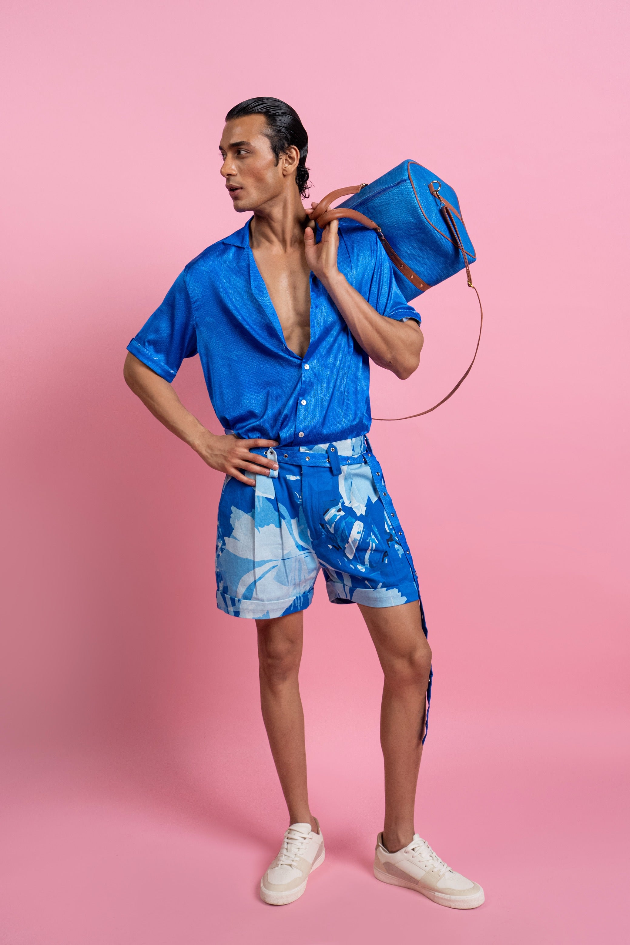 Satin Shirt & Printed Shorts Set with Belt