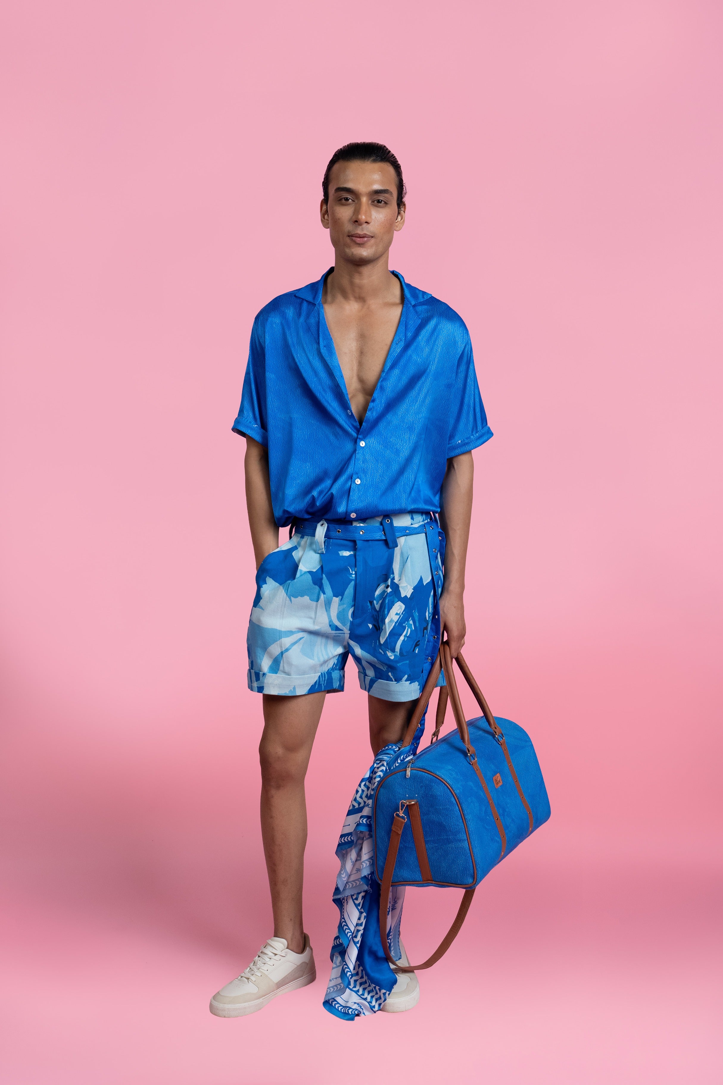 Satin Shirt & Printed Shorts Set with Belt