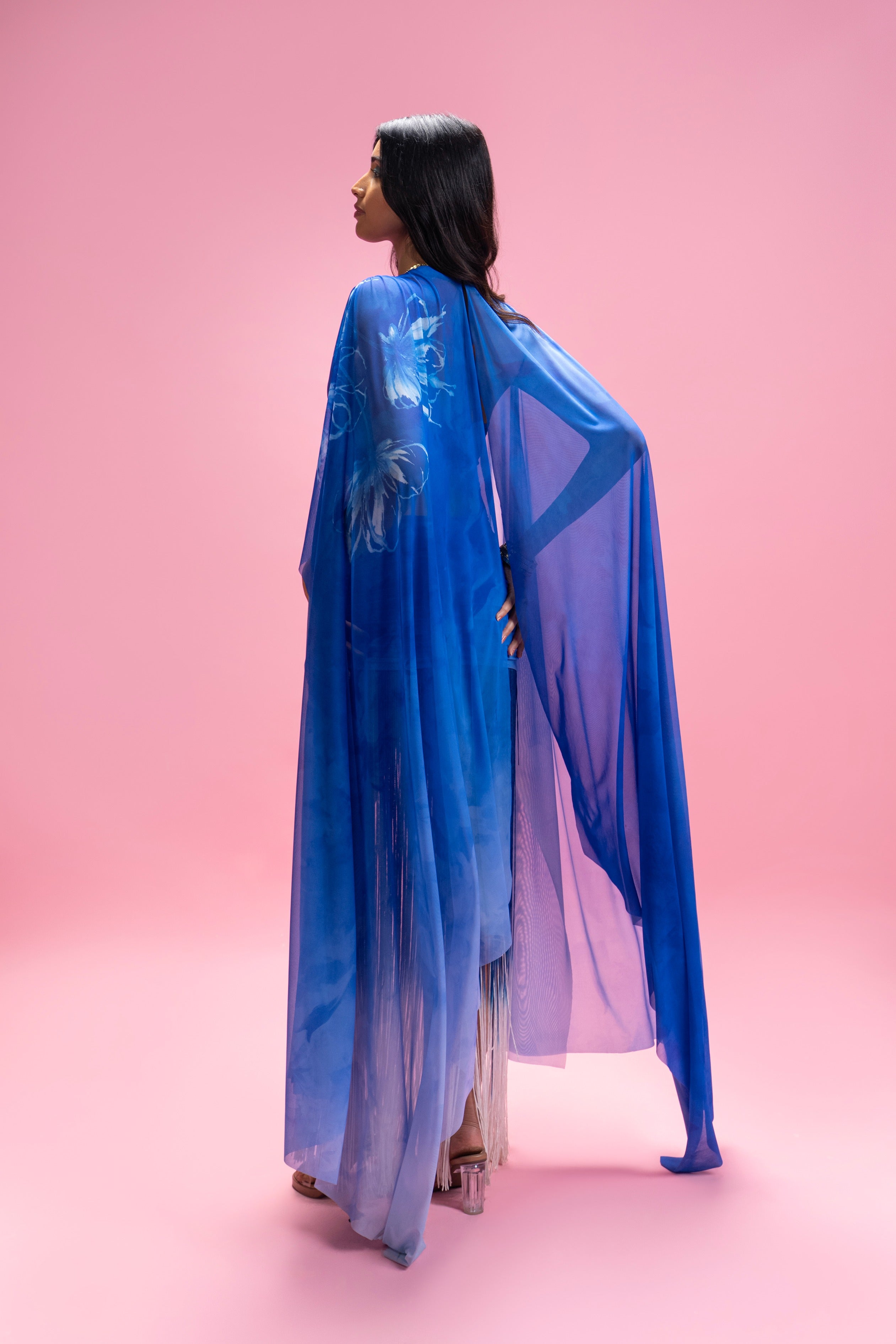 Draped set with ombré fringe skirt