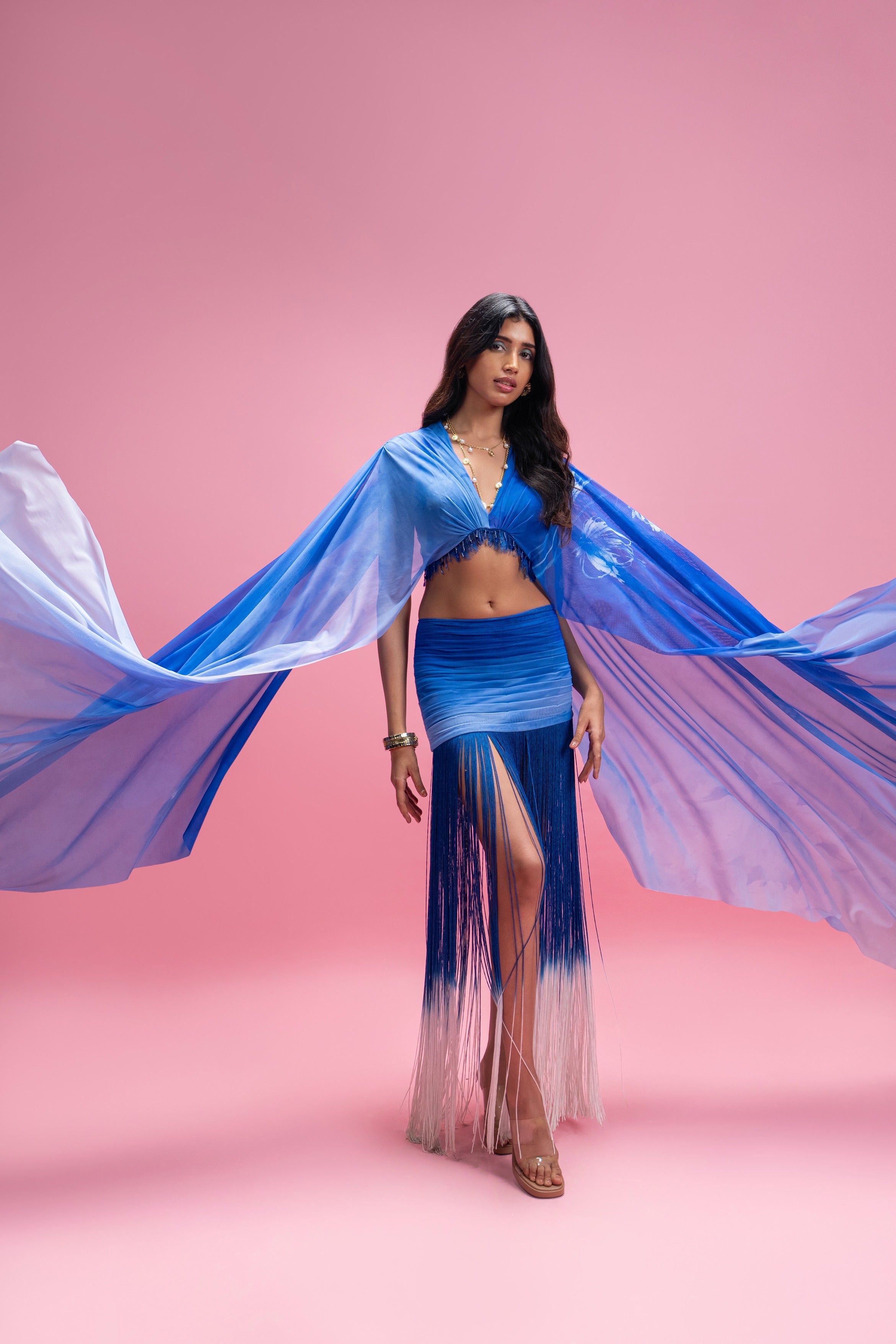 Draped set with ombré fringe skirt