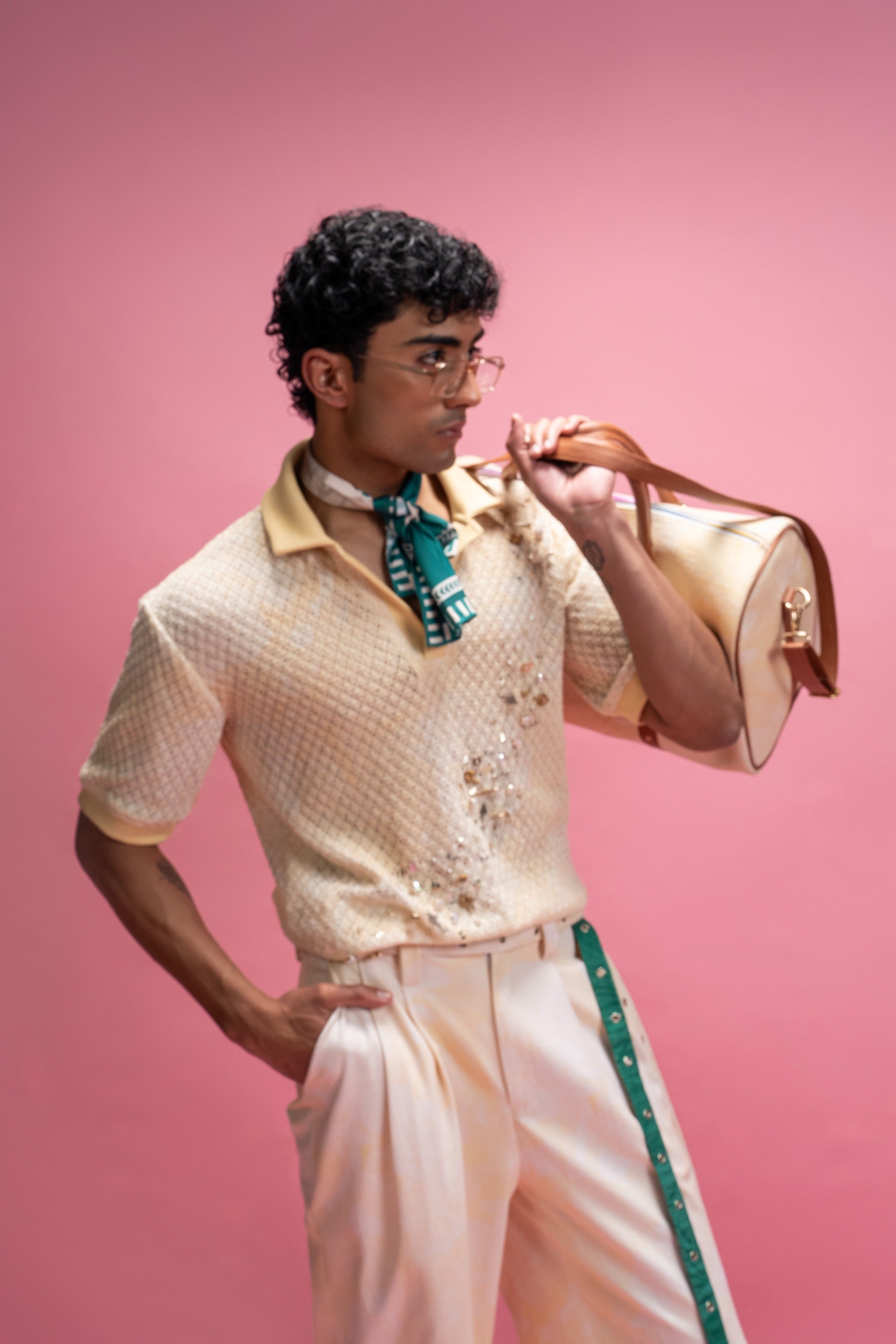 Cotton Lace Polo Shirt & Tailored Trousers Set with Embroidery