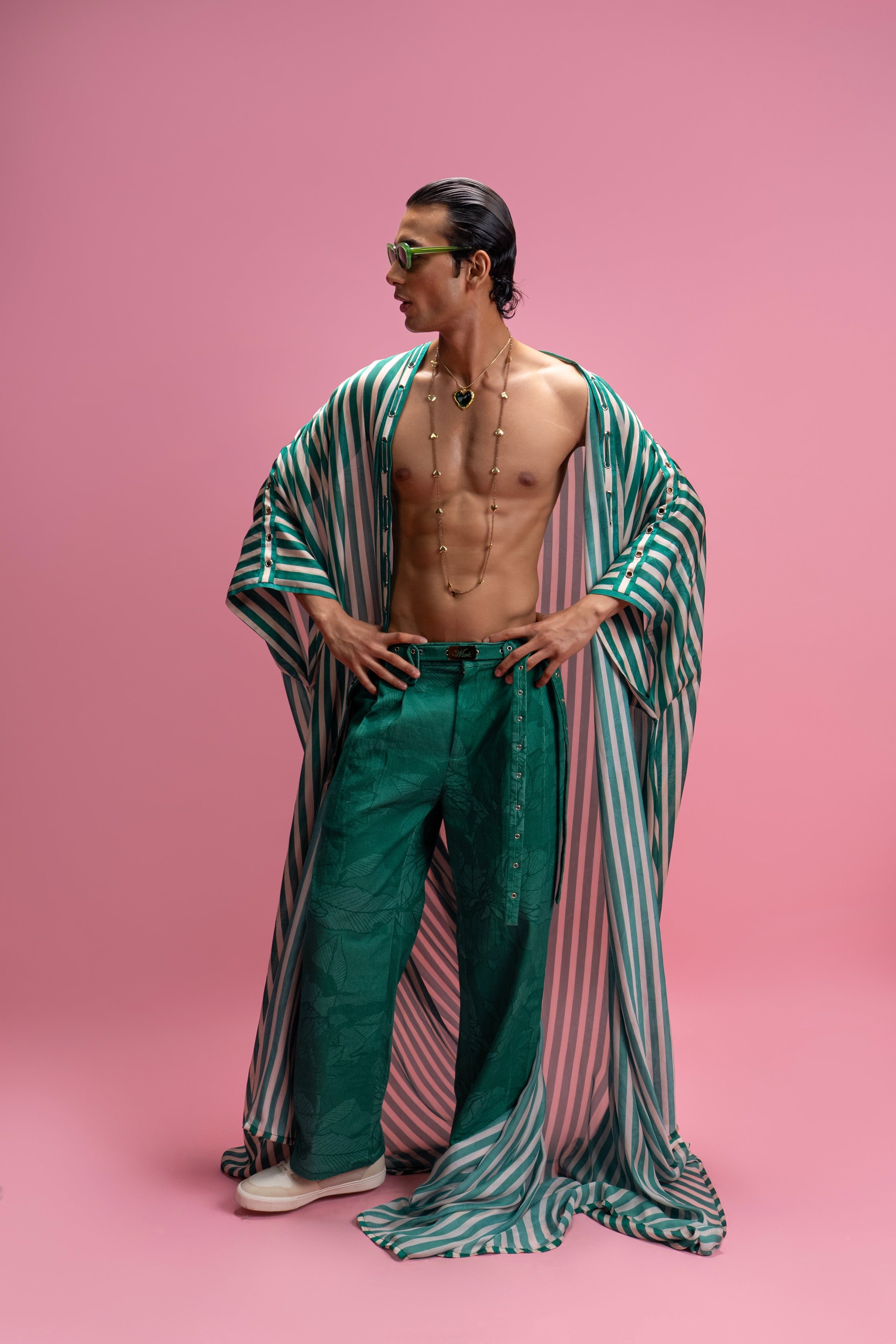 Striped Flow Cape with Rivet Detailing and Trousers