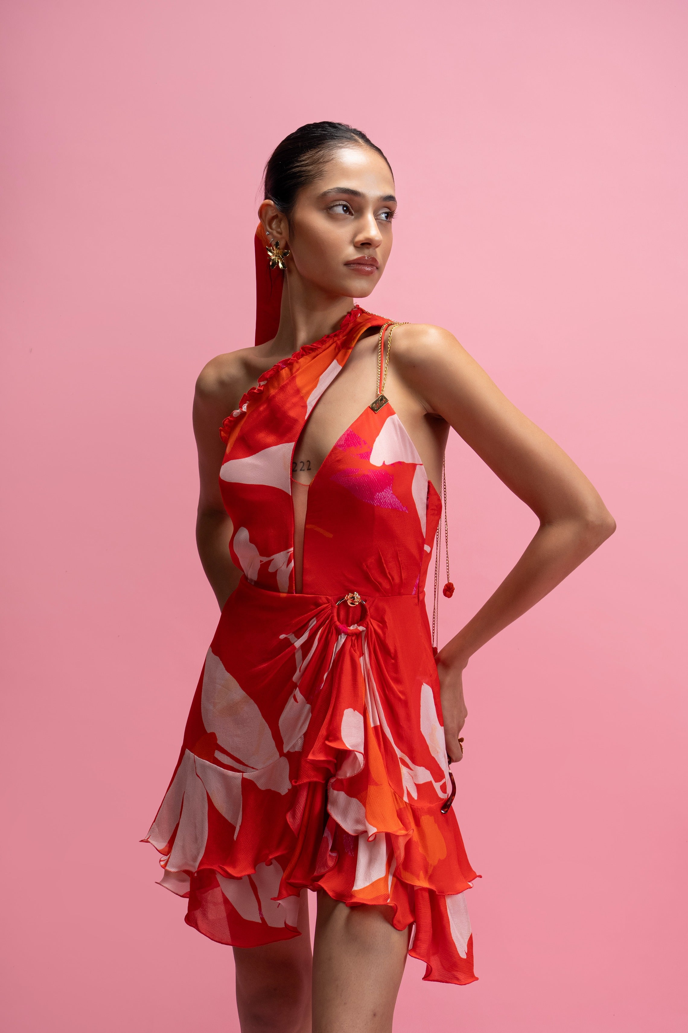 Printed One-Shoulder Ruffle Mini Dress