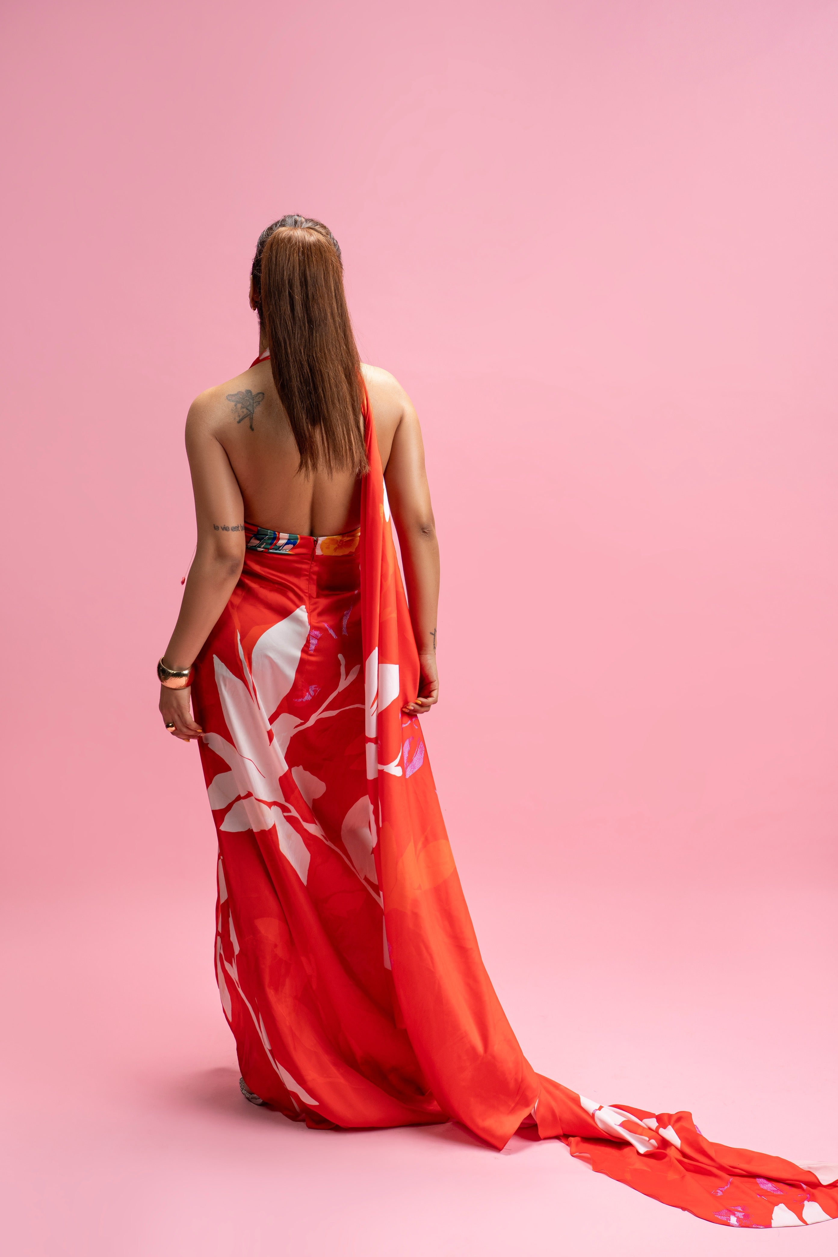 Placement Print Knot Backless Dress with Trail