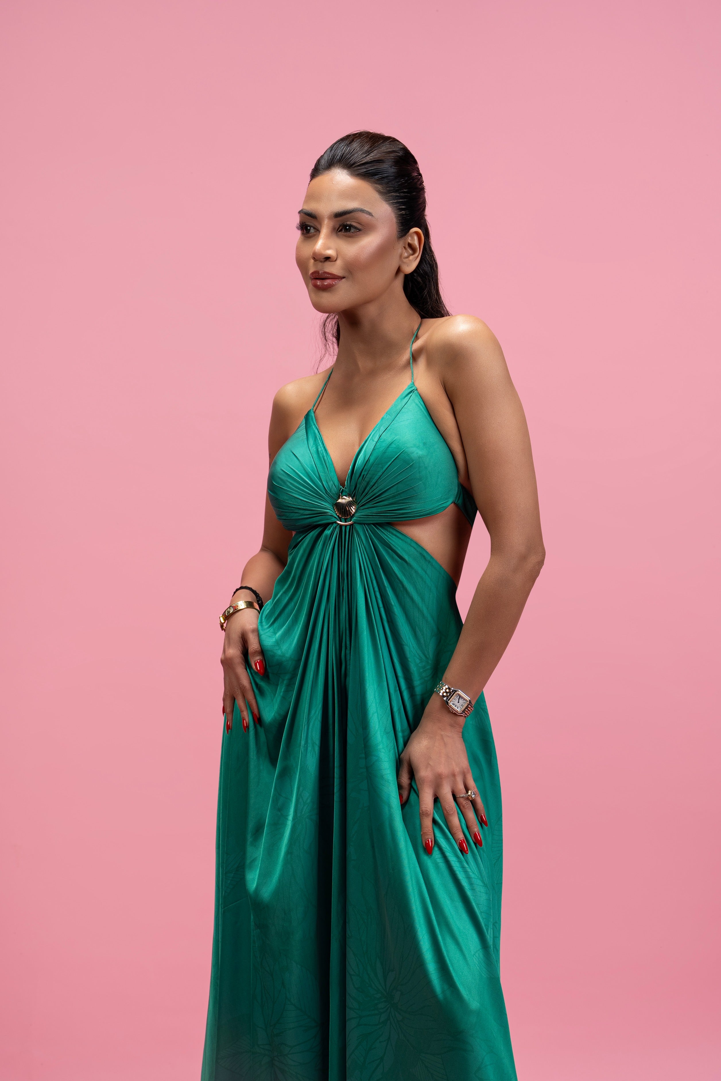 Backless Halter Drape Maxi Dress with Gold Buckle