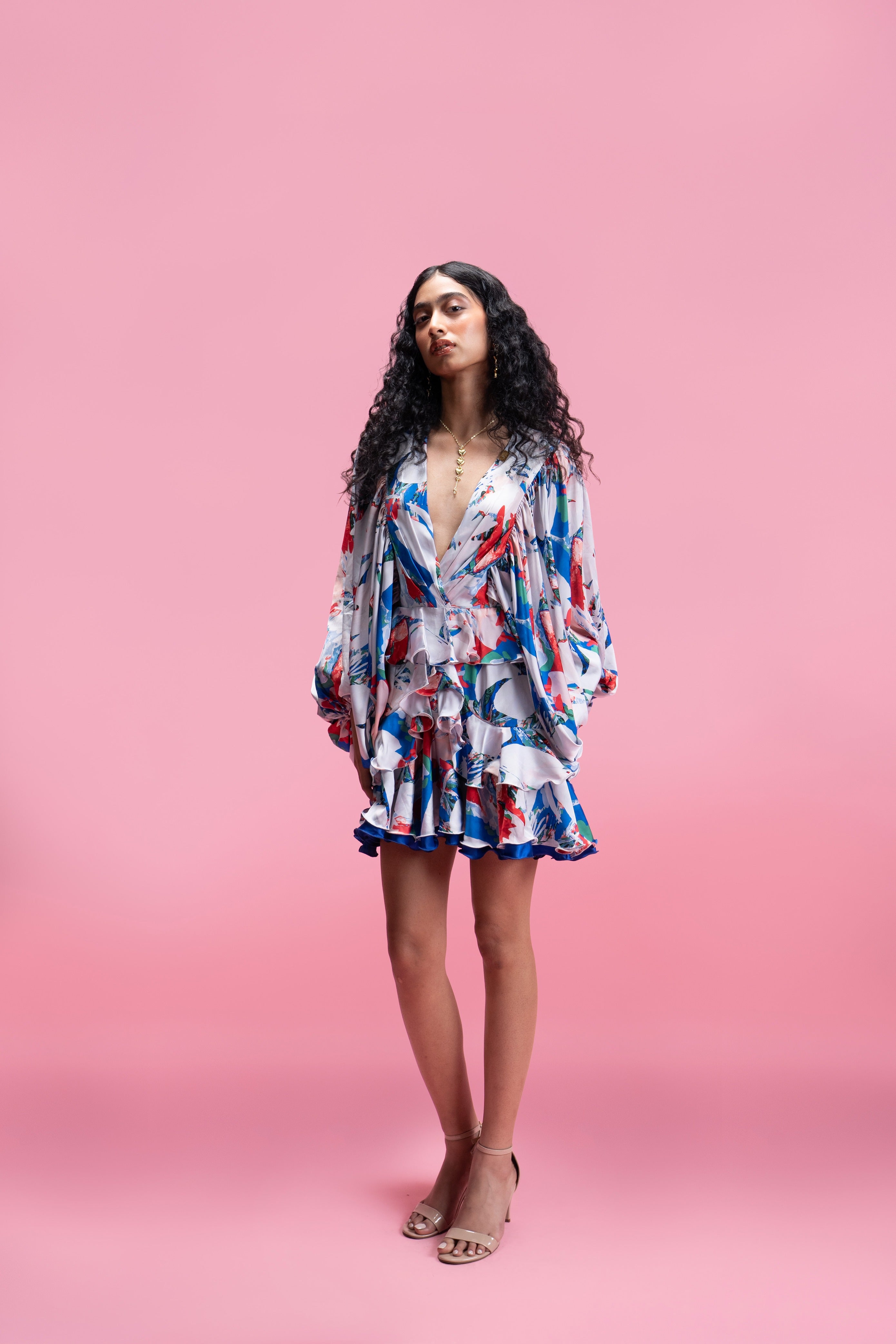 Printed Ruffle Mini Dress with Voluminous Sleeves