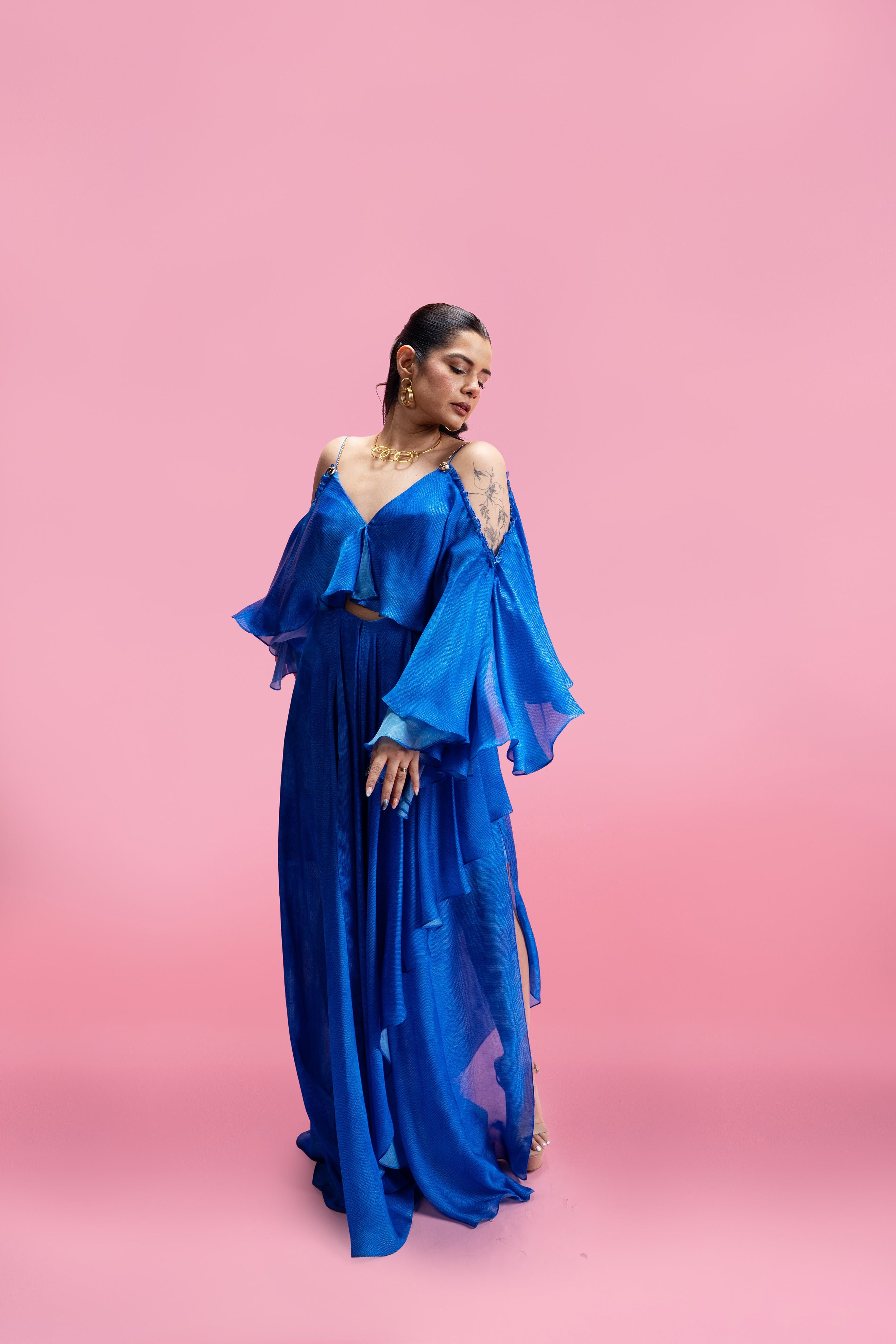 Sheer maxi with statement ruffle sleeves