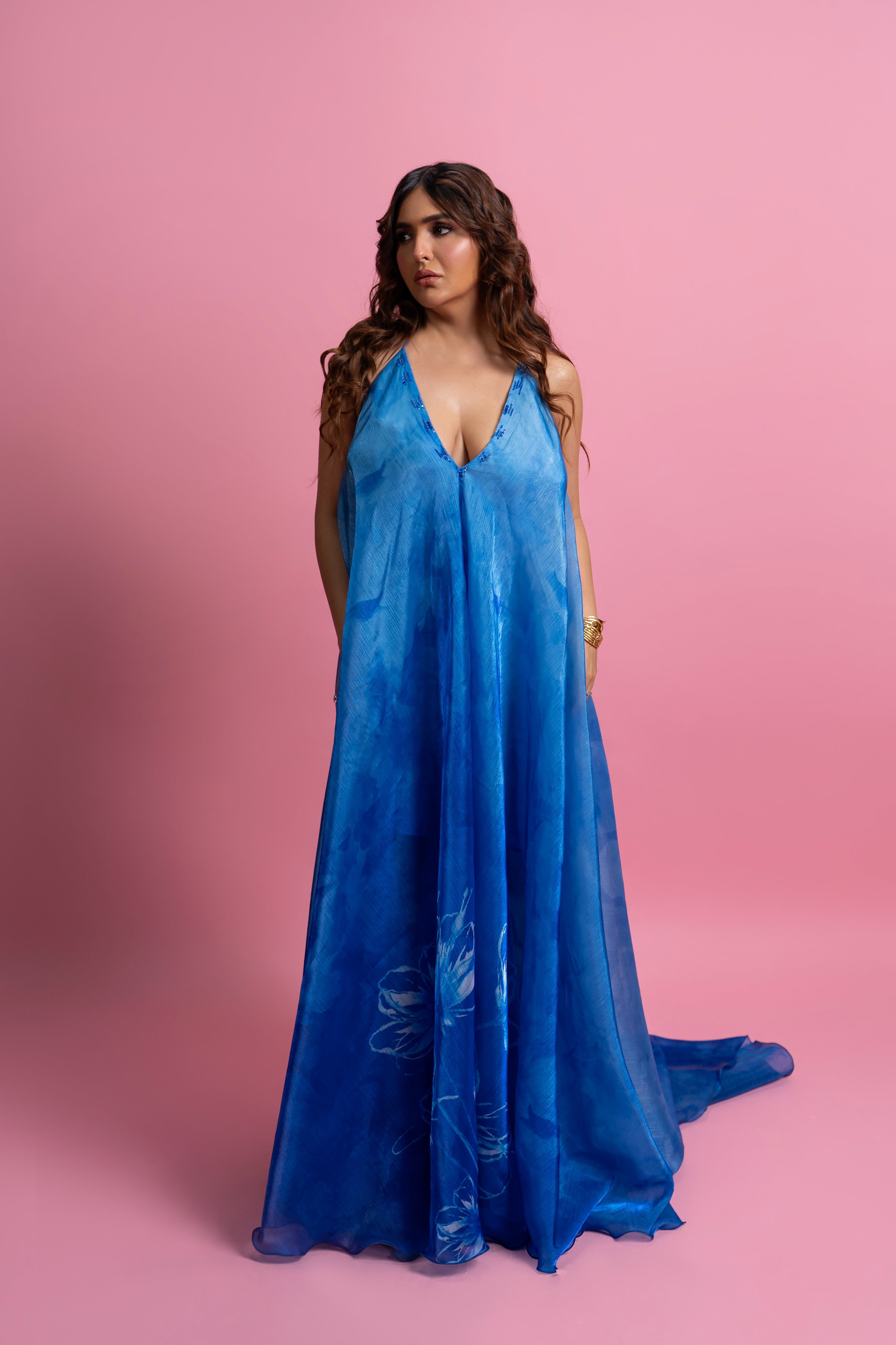 Printed Slip Maxi Dress with Embroidered Neckline
