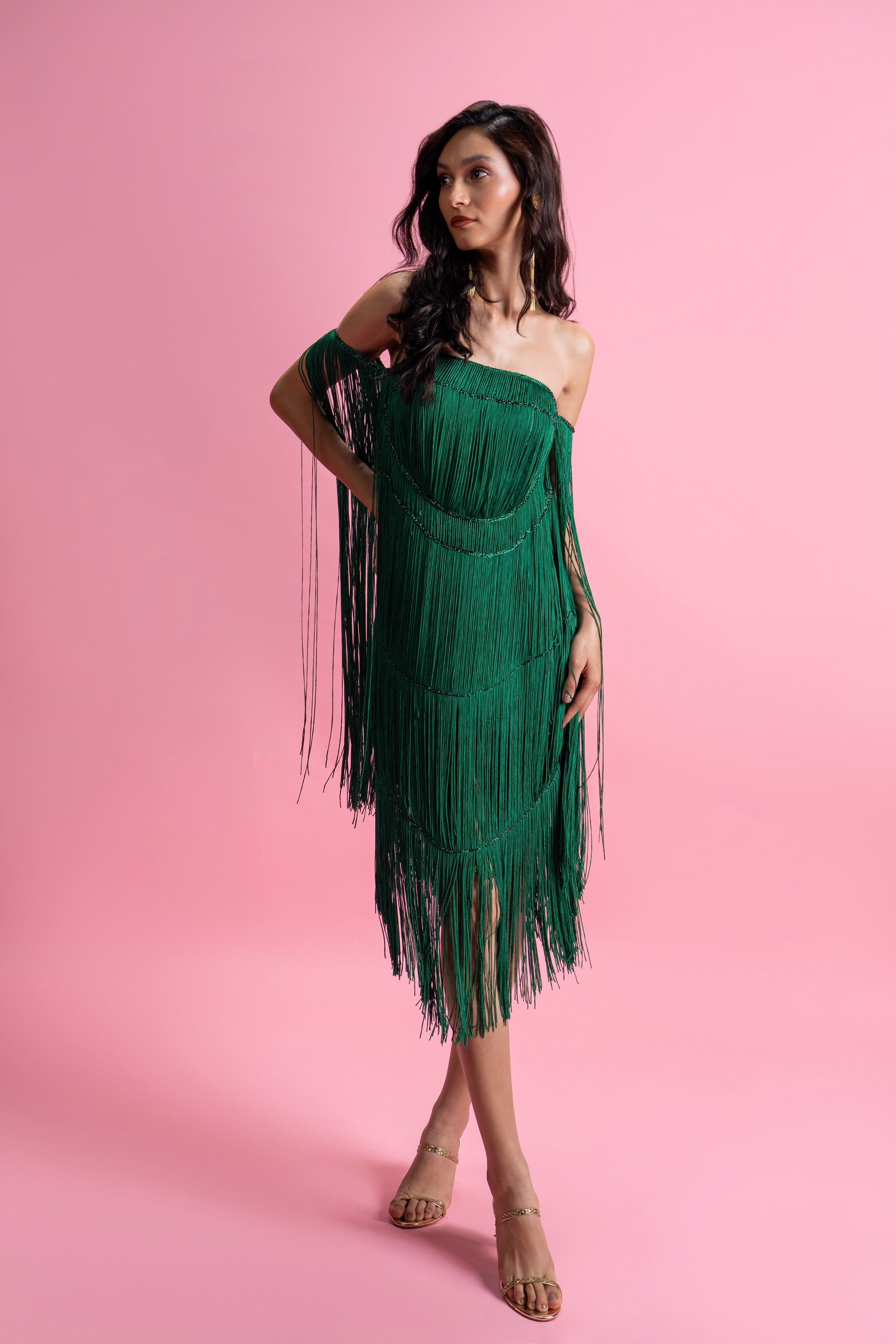 Off-Shoulder Crystal Handwork Fringe Dress