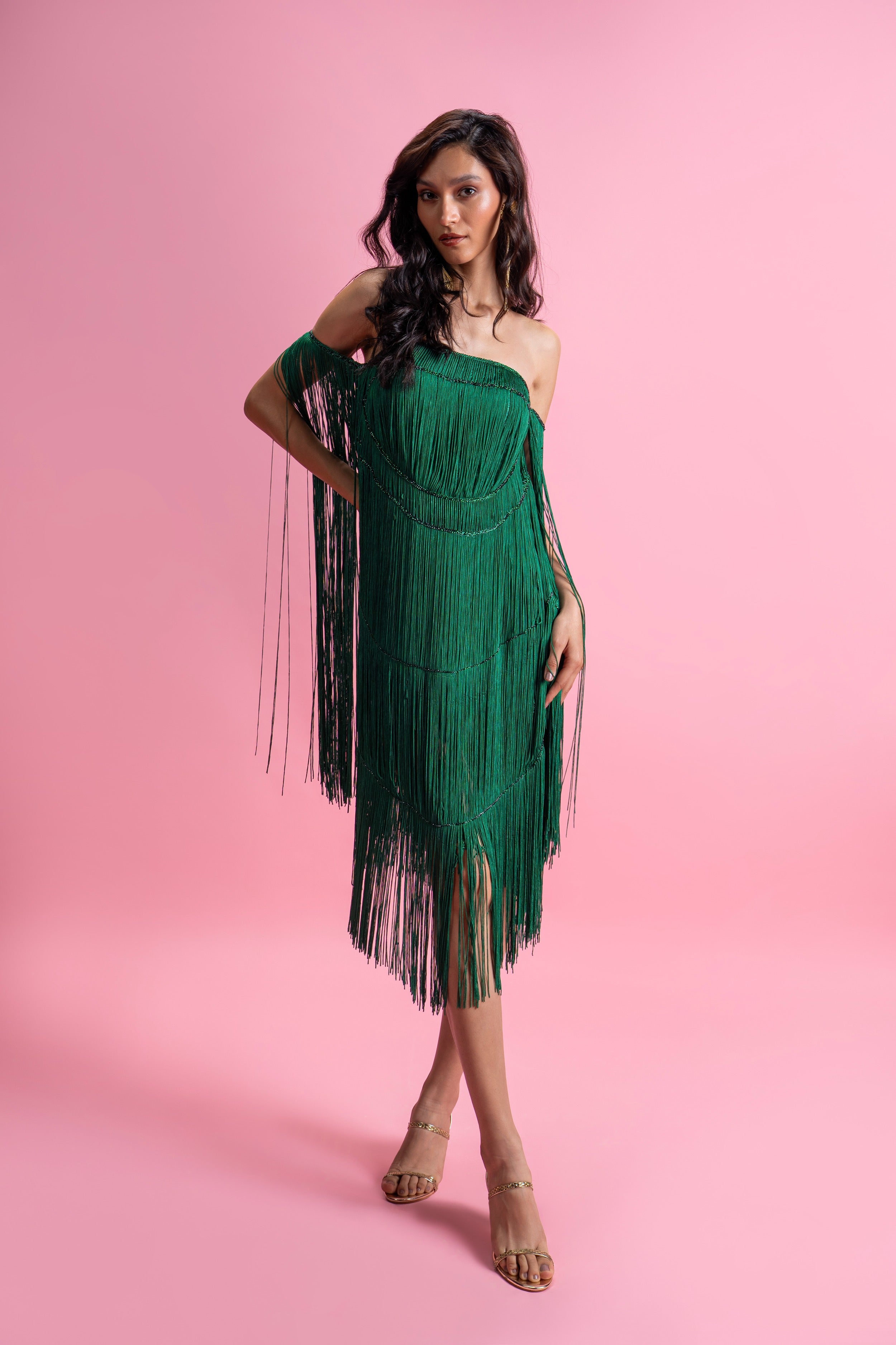 Off-Shoulder Crystal Handwork Fringe Dress