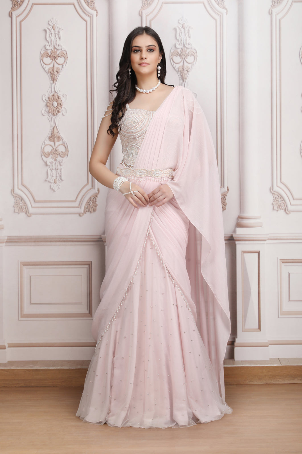 Pink Chiffon Drape Saree With Embroidered Blouse