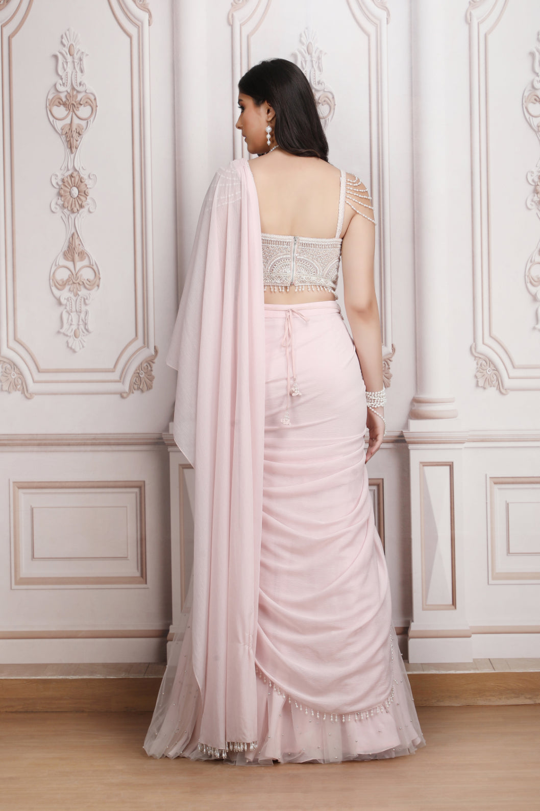 Pink Chiffon Drape Saree With Embroidered Blouse