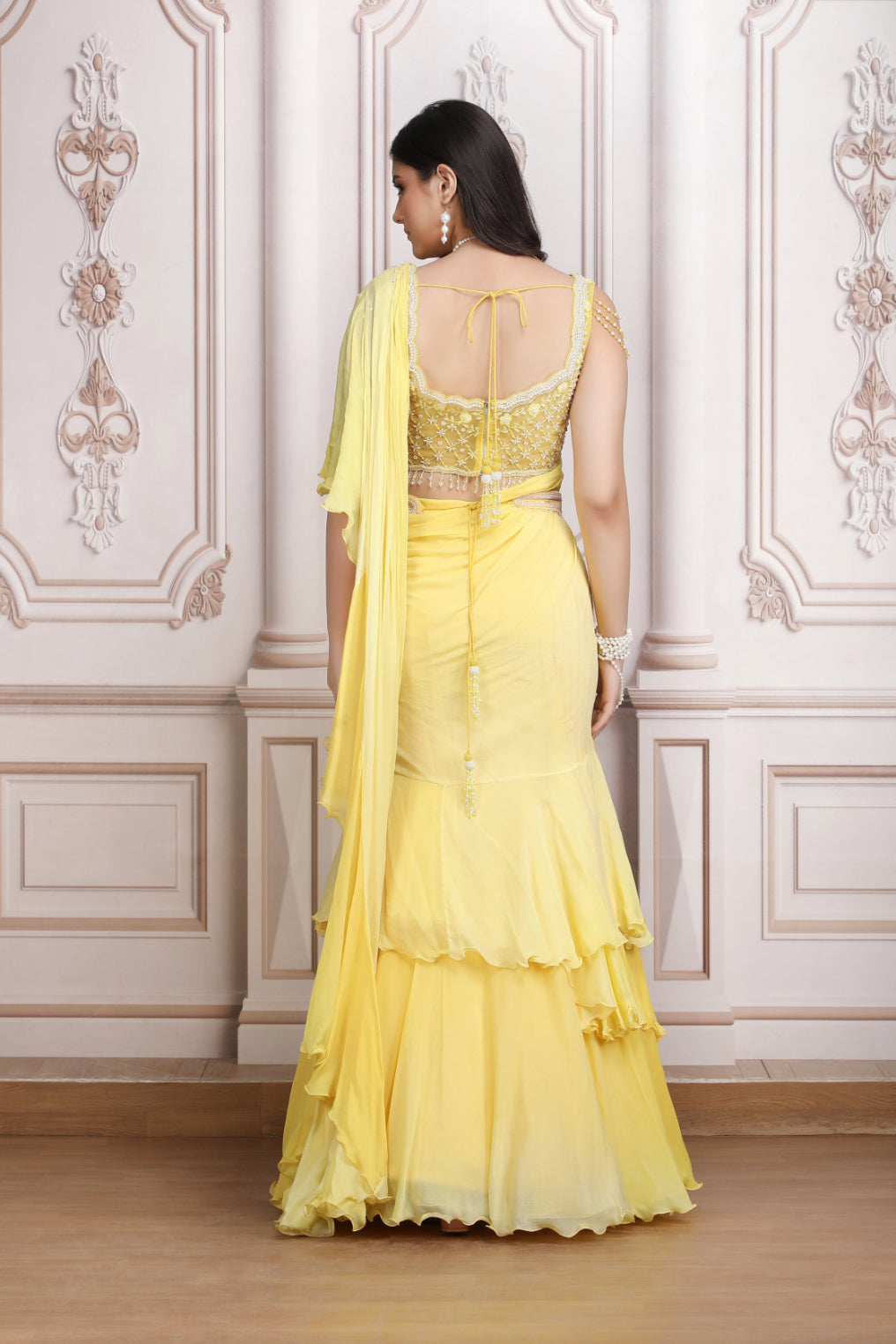 Soft Yellow Layered Lehenga Set With Embroidered Blouse