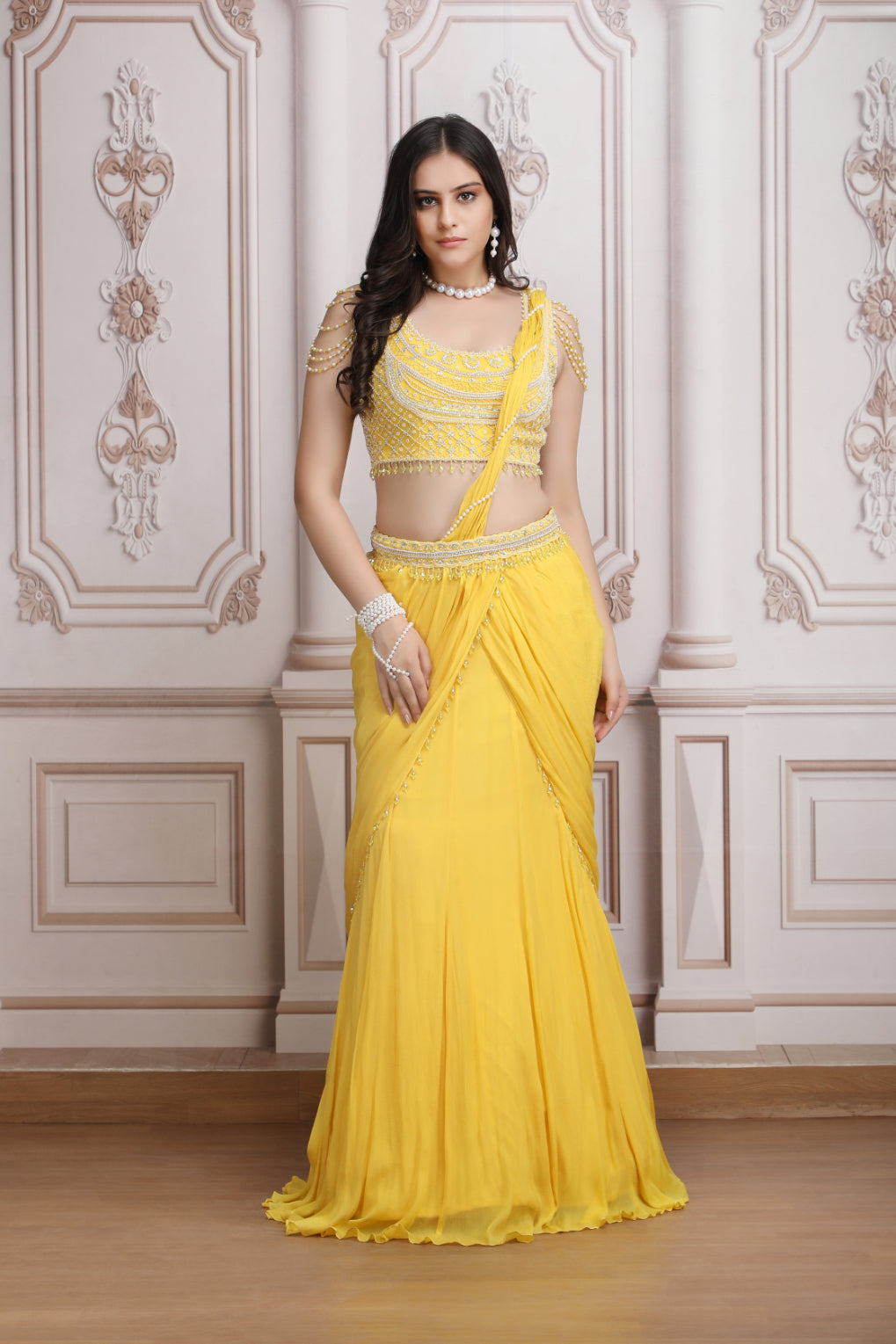 Yellow Drape Saree With Pearl Blouse