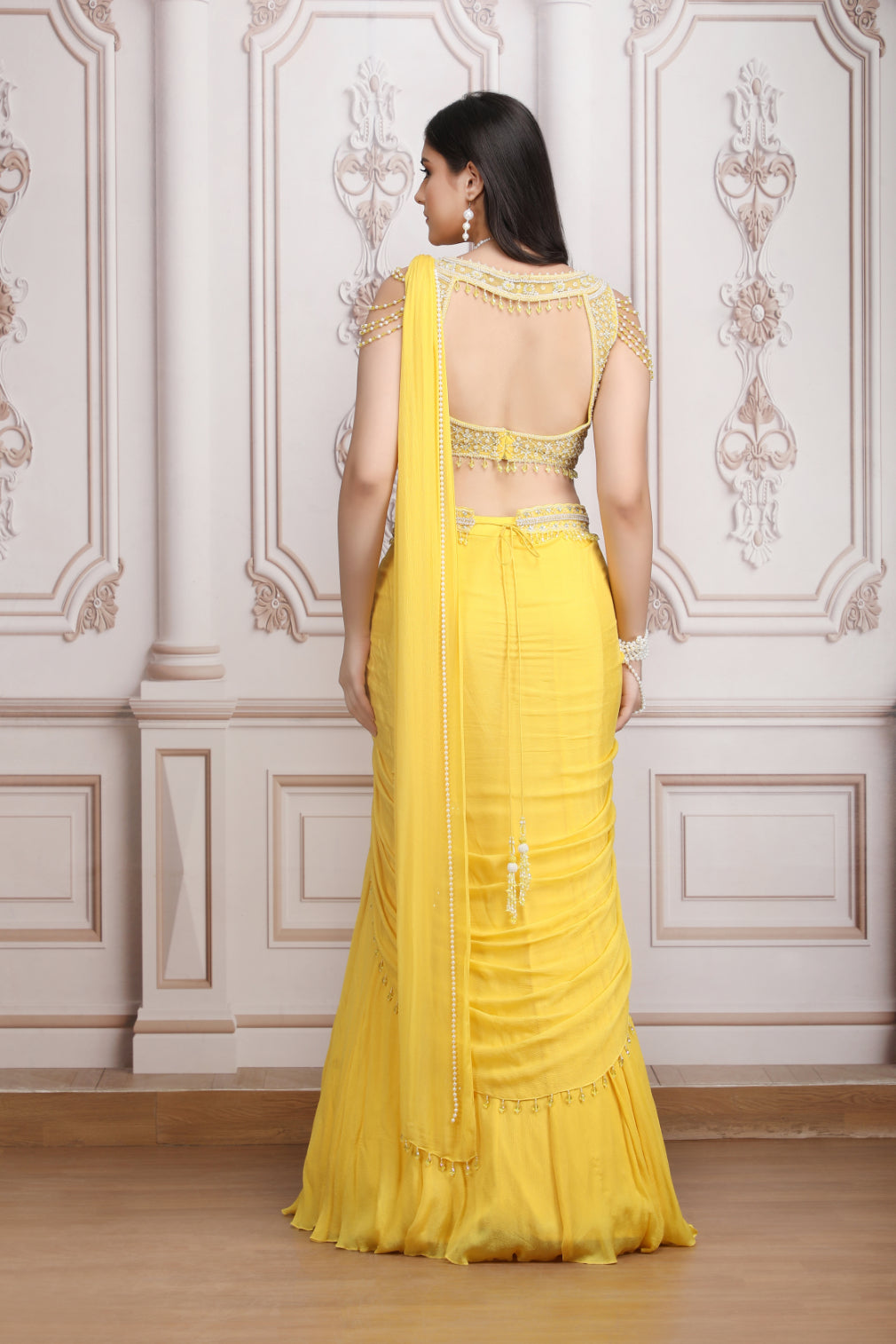 Yellow Drape Saree With Pearl Blouse