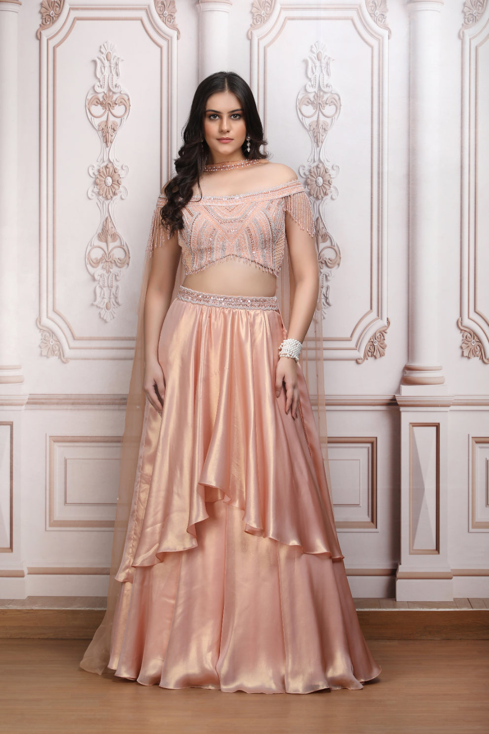 Peach Embroidered Blouse With Lehenga