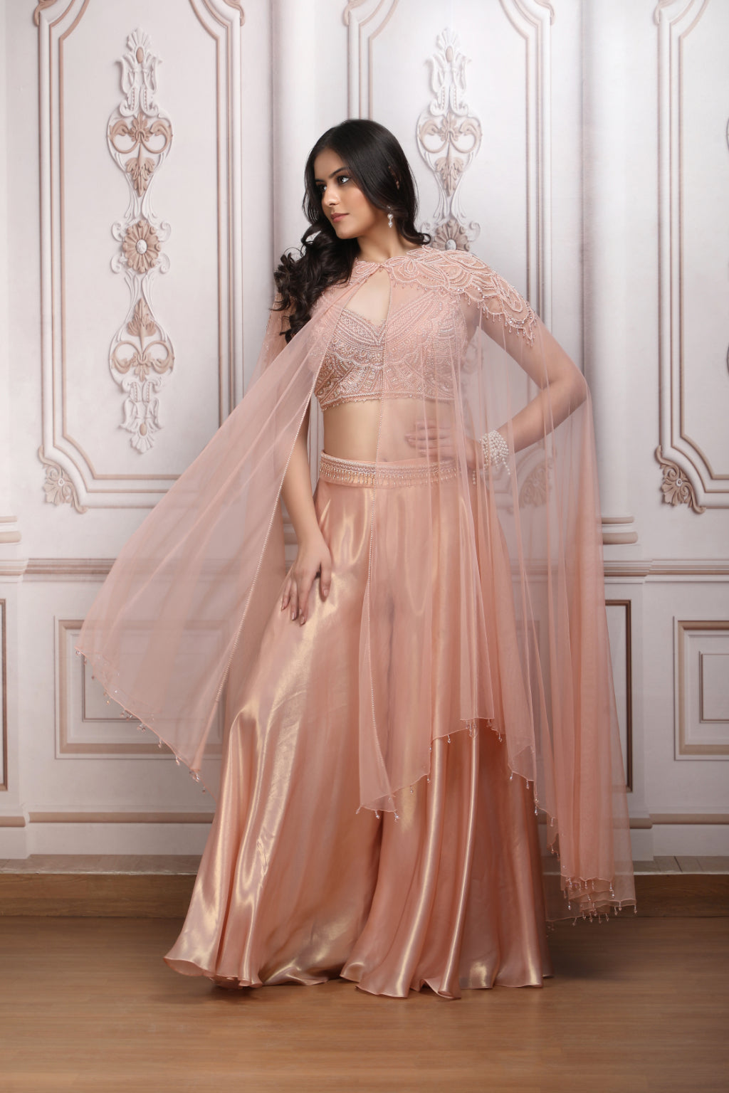 Blush Peach Co-Ord Ensemble With Embroidered Blouse And Cape