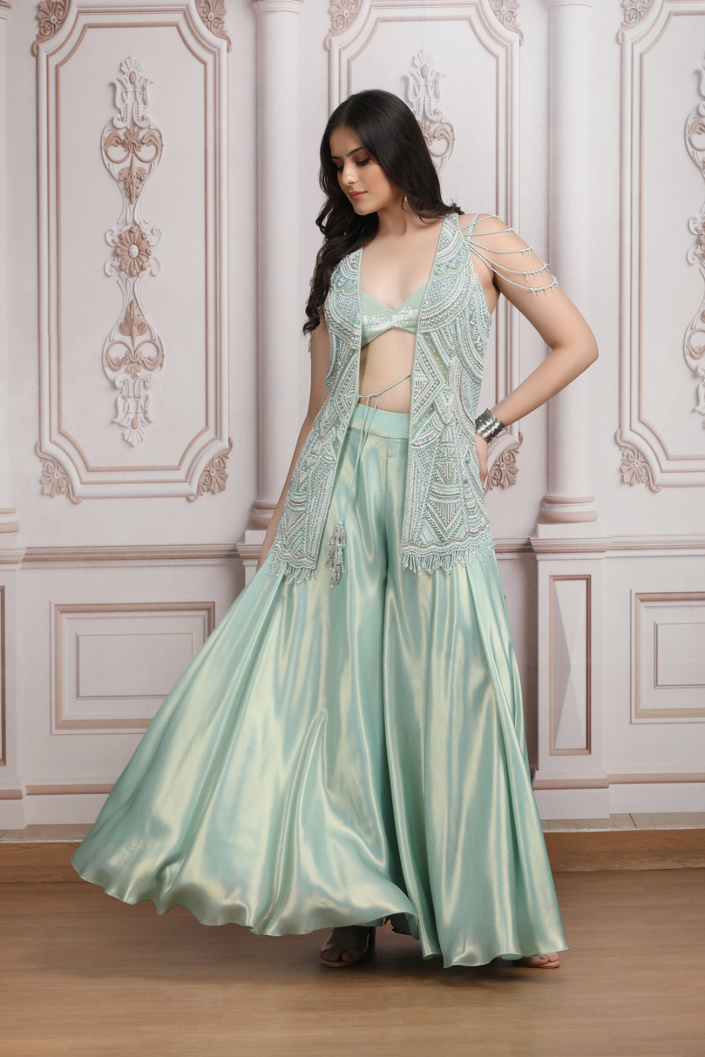 Pastel Green Co-Ord Ensemble With Heavy Embroidered Jacket