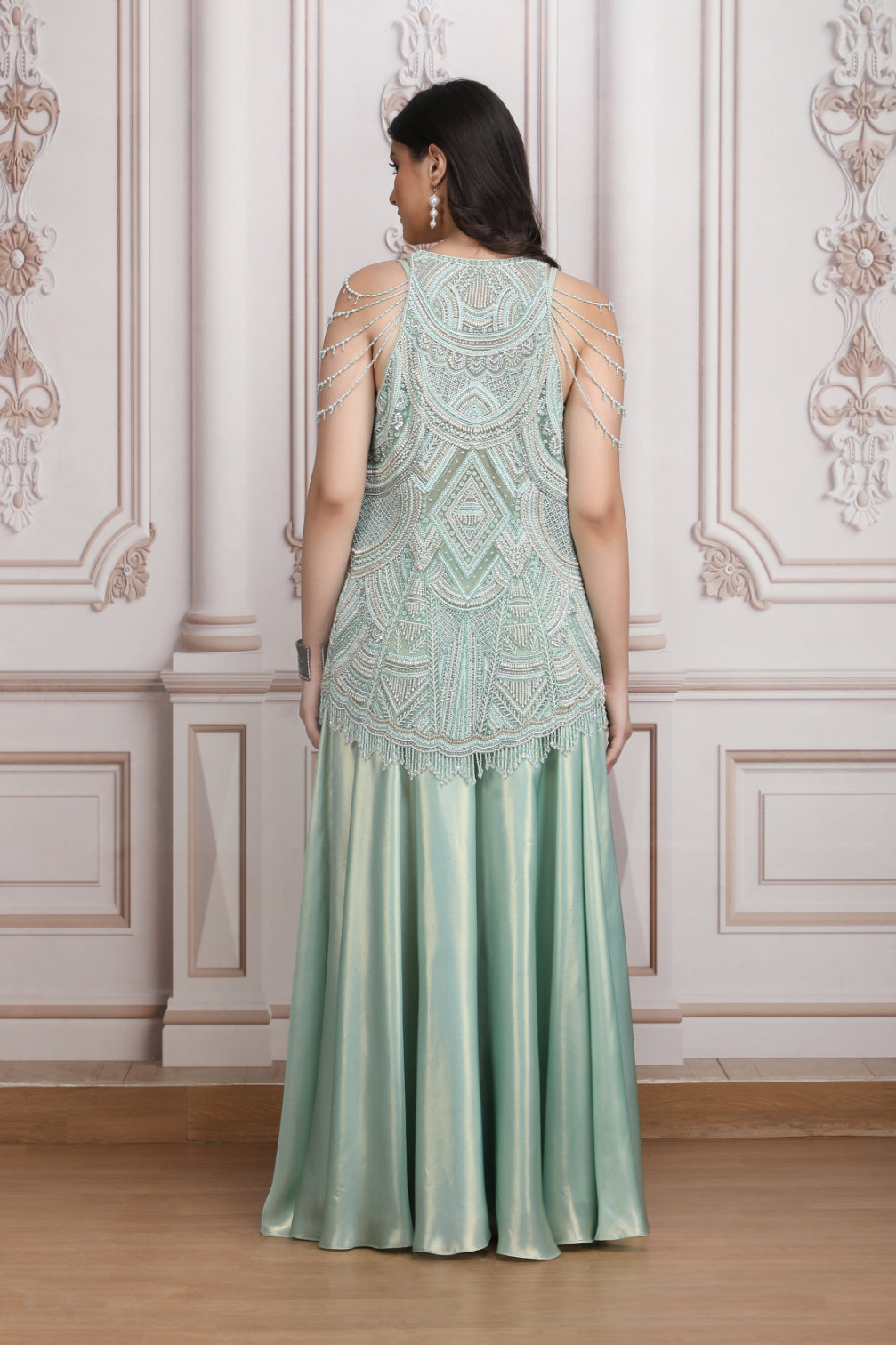 Pastel Green Co-Ord Ensemble With Heavy Embroidered Jacket