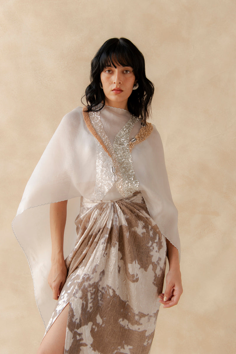 Embroidered Organza Panel With Drape Skirt And Bustier