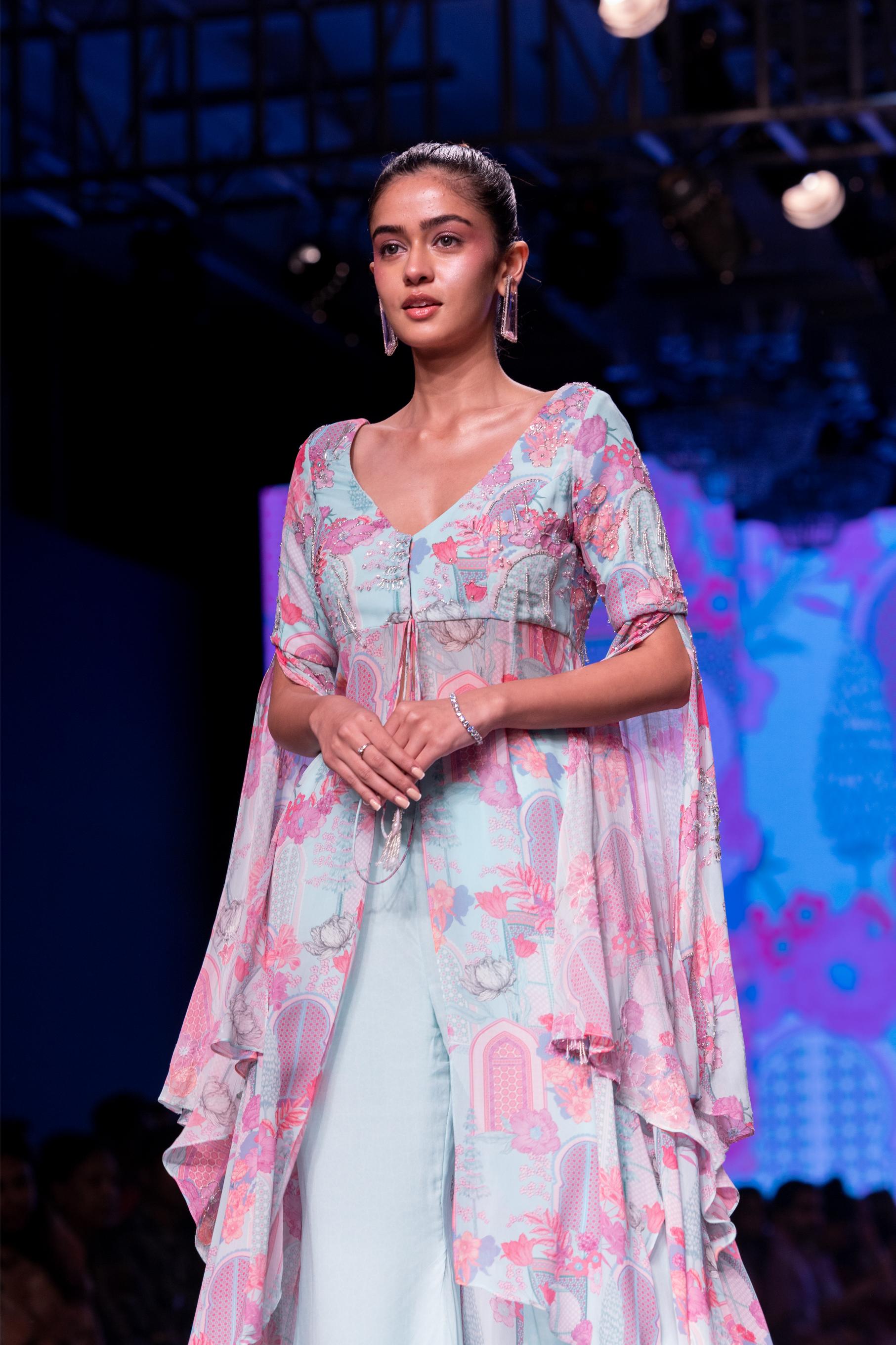 Powder Blue Printed Tunic With Pants