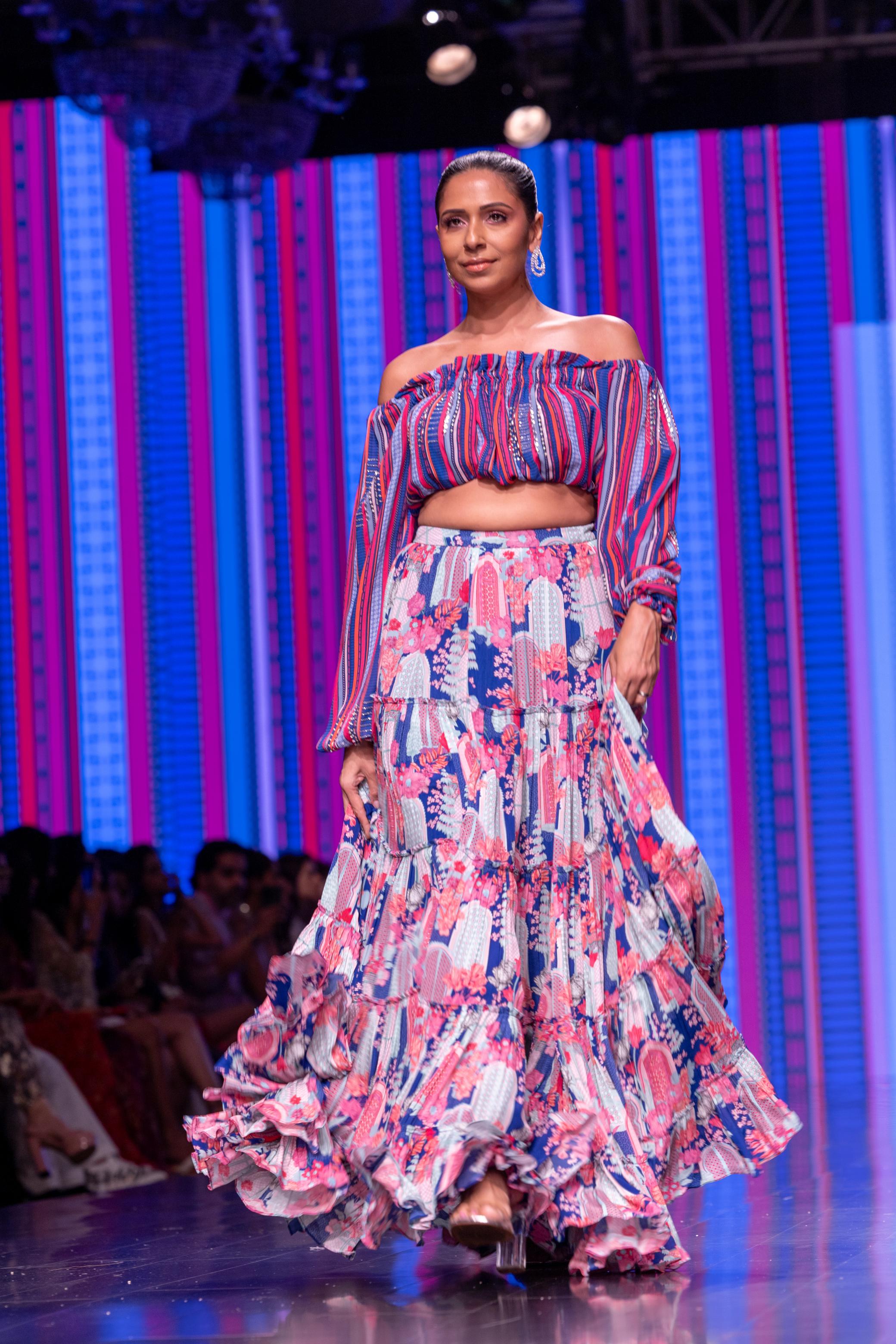 Blue Printed Blouse with Skirt