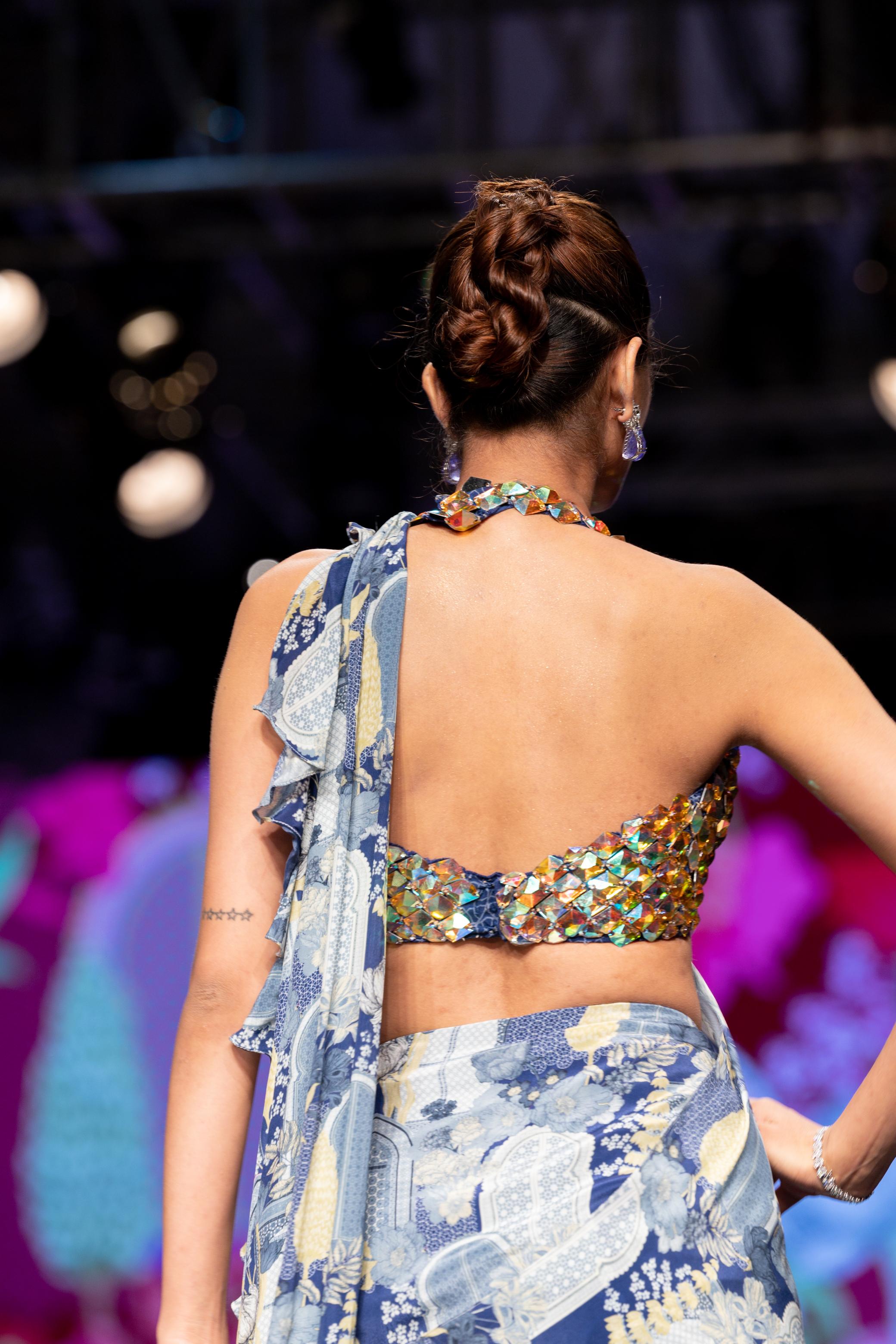 Blue Pre Drapped Saree Set
