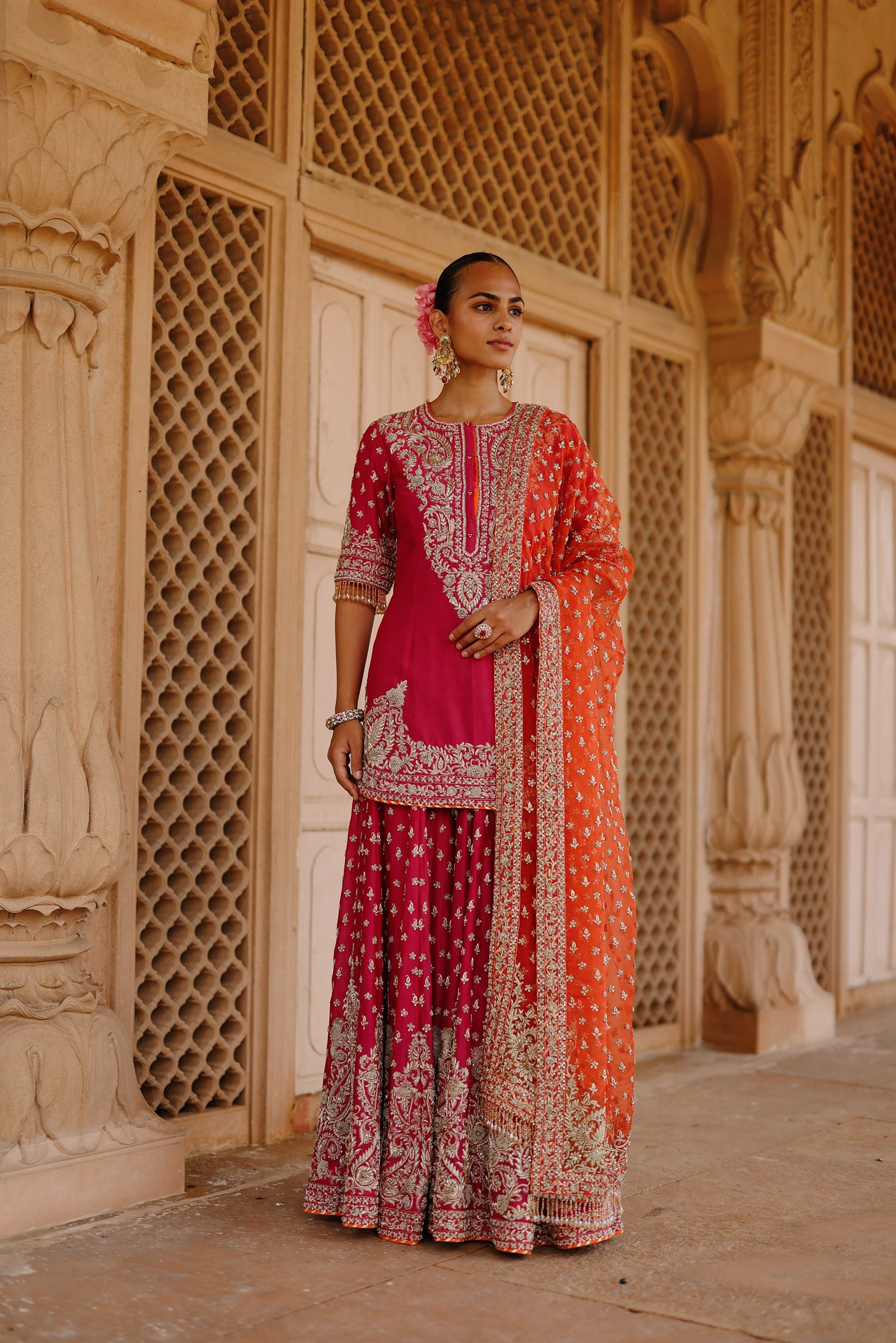 Maysam - Hot Pink Kurta Set with Sharara & Dupatta