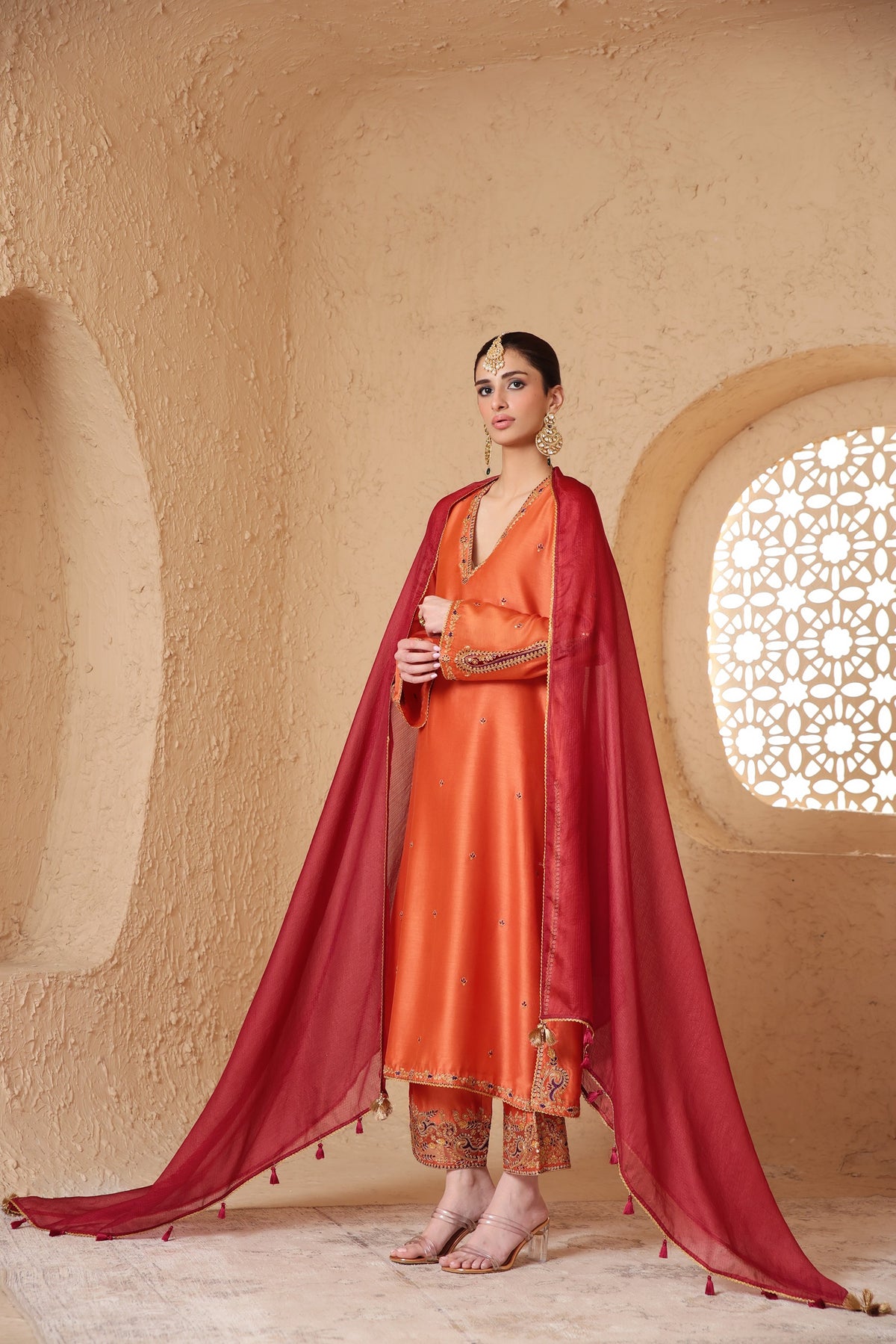 Mehrang Orange Applique Kurta Set