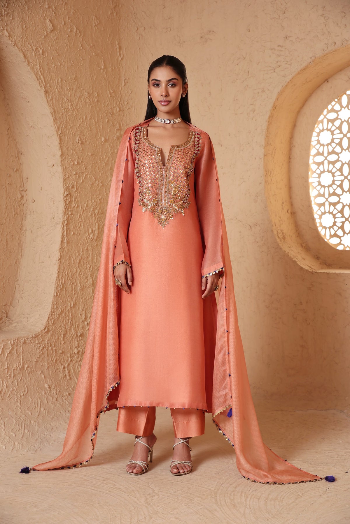Mehrang Peach Heavy Neck Kurta Set