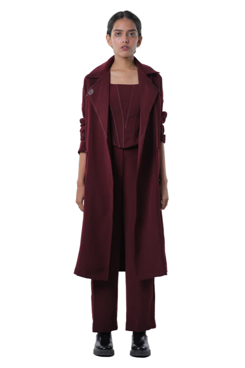 TRENCH COAT WITH KNOTTY CORSET PAIRED UP WITH HIGH WAISTED PANTS