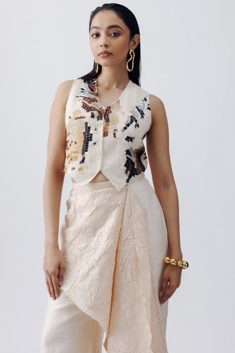 TEXTURED TOP + SILK PAMTS WITH CRUSH DRAPE ATTCHED