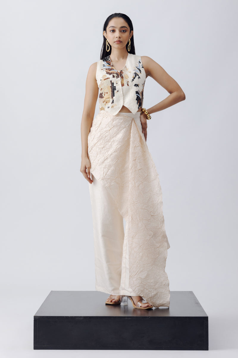 TEXTURED TOP + SILK PAMTS WITH CRUSH DRAPE ATTCHED
