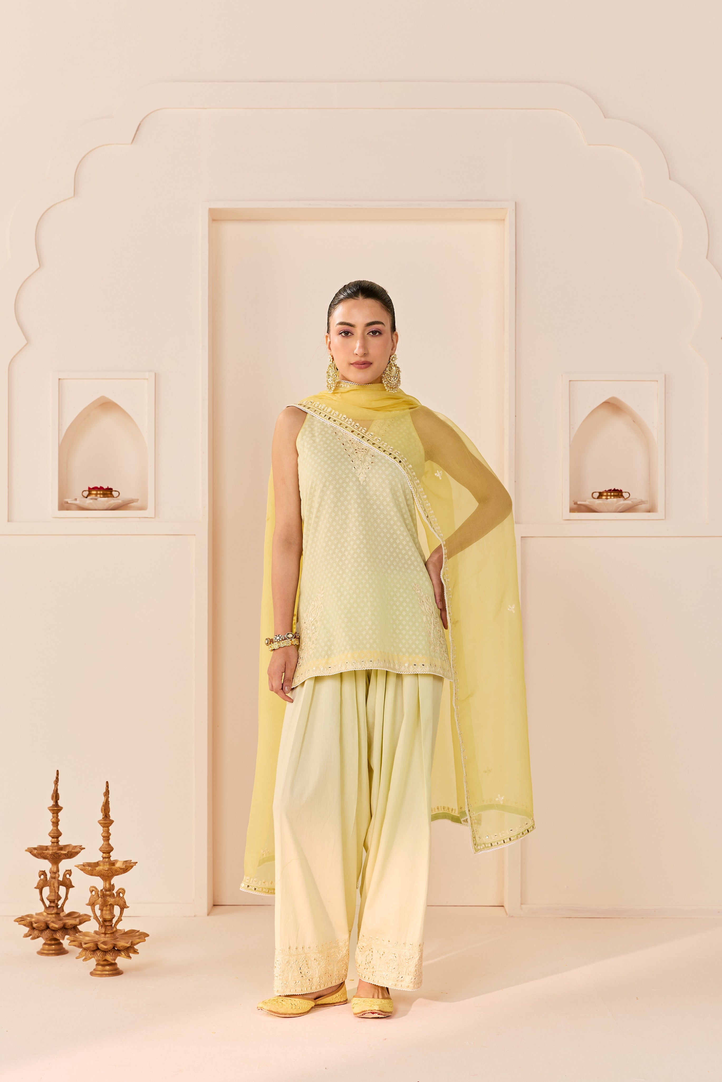 MIRAL - MINT GREEN SHORT KURTA WITH FARSI SALWAR AND DUPATTA