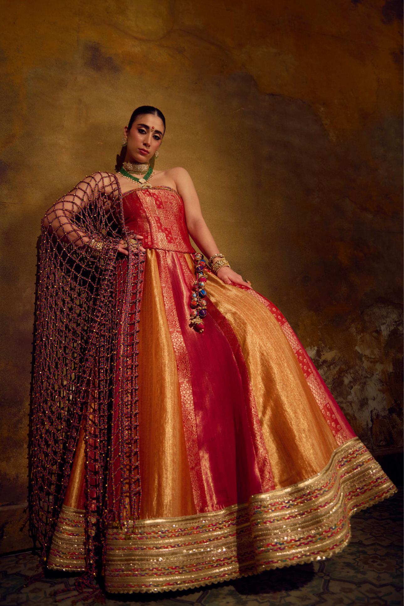 Naad Surya- Jewelled Tones Multi Colour Lehenga with Corset and Ghunghroo Jaal