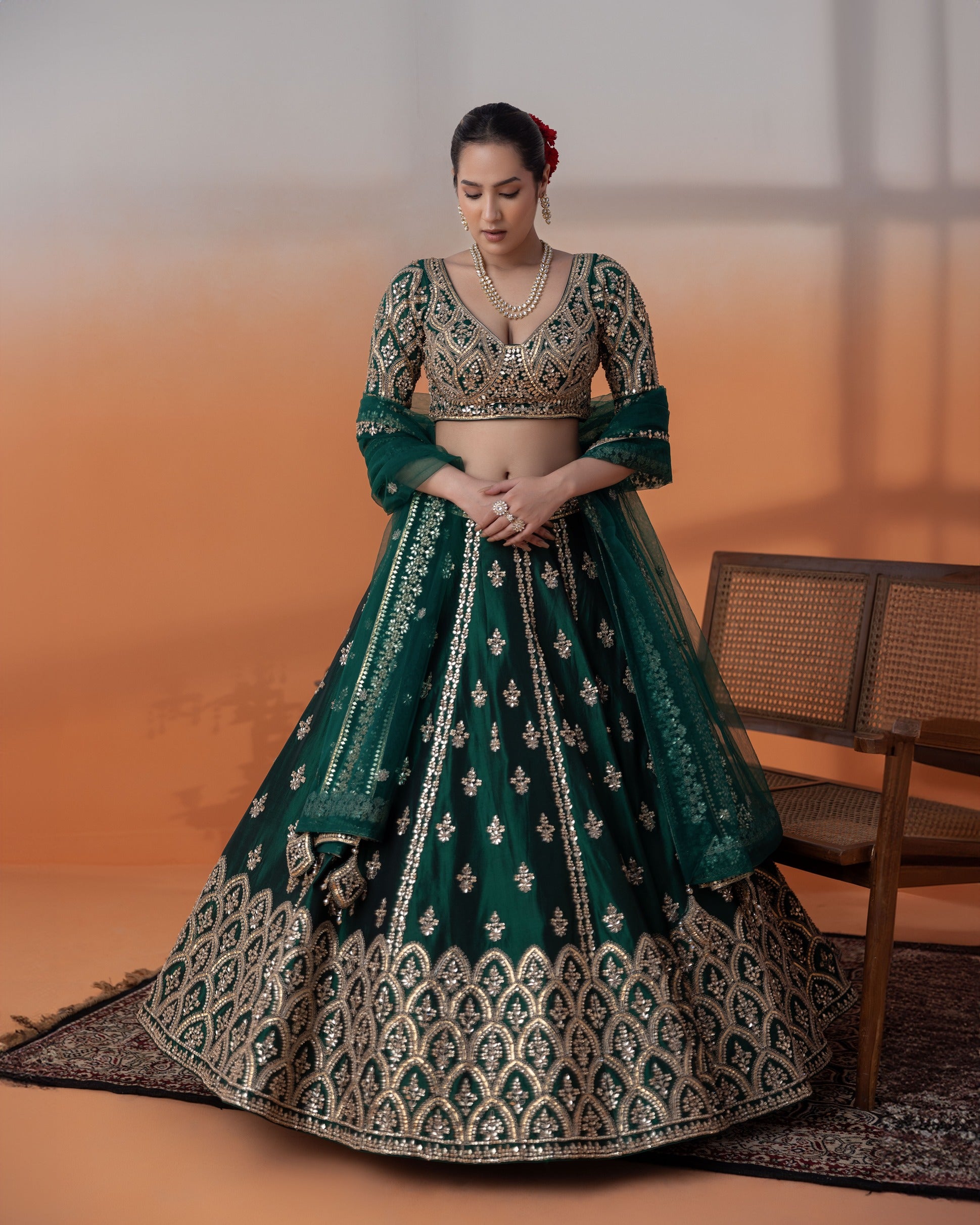 Bottle Green Kundan Crop Top & Skirt Set