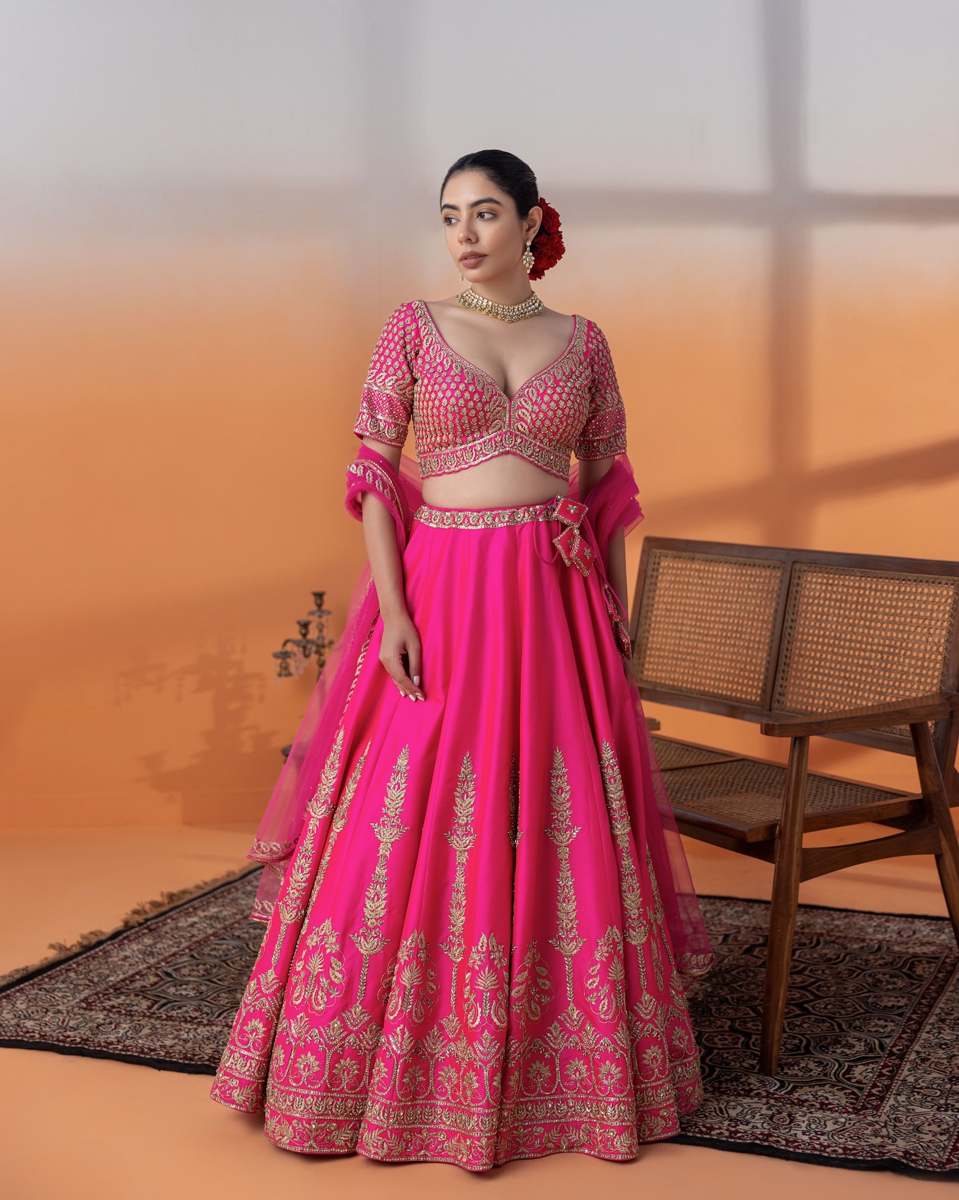 Hot Pink Zari & Crystal Crop Top Set