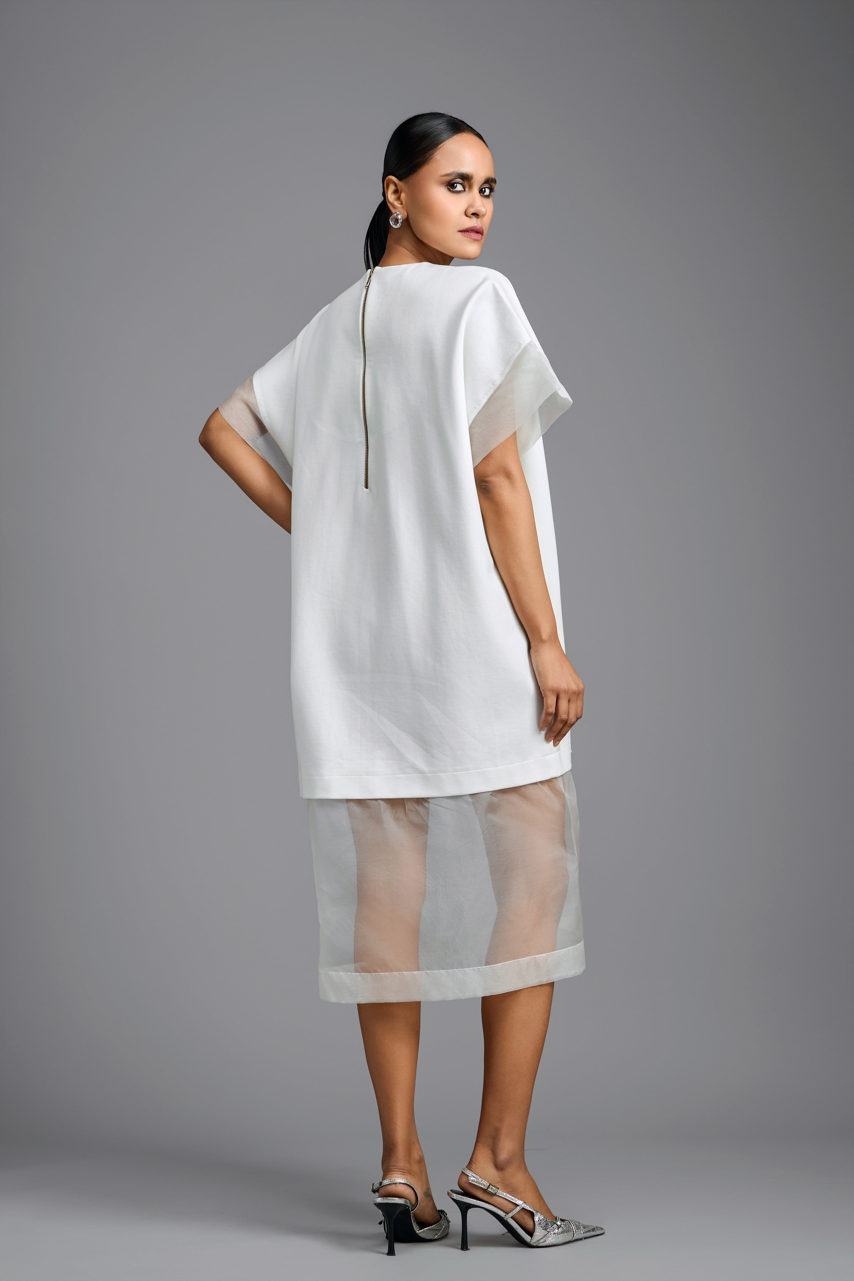 White Oversized Dress with Sheer Hem Detail
