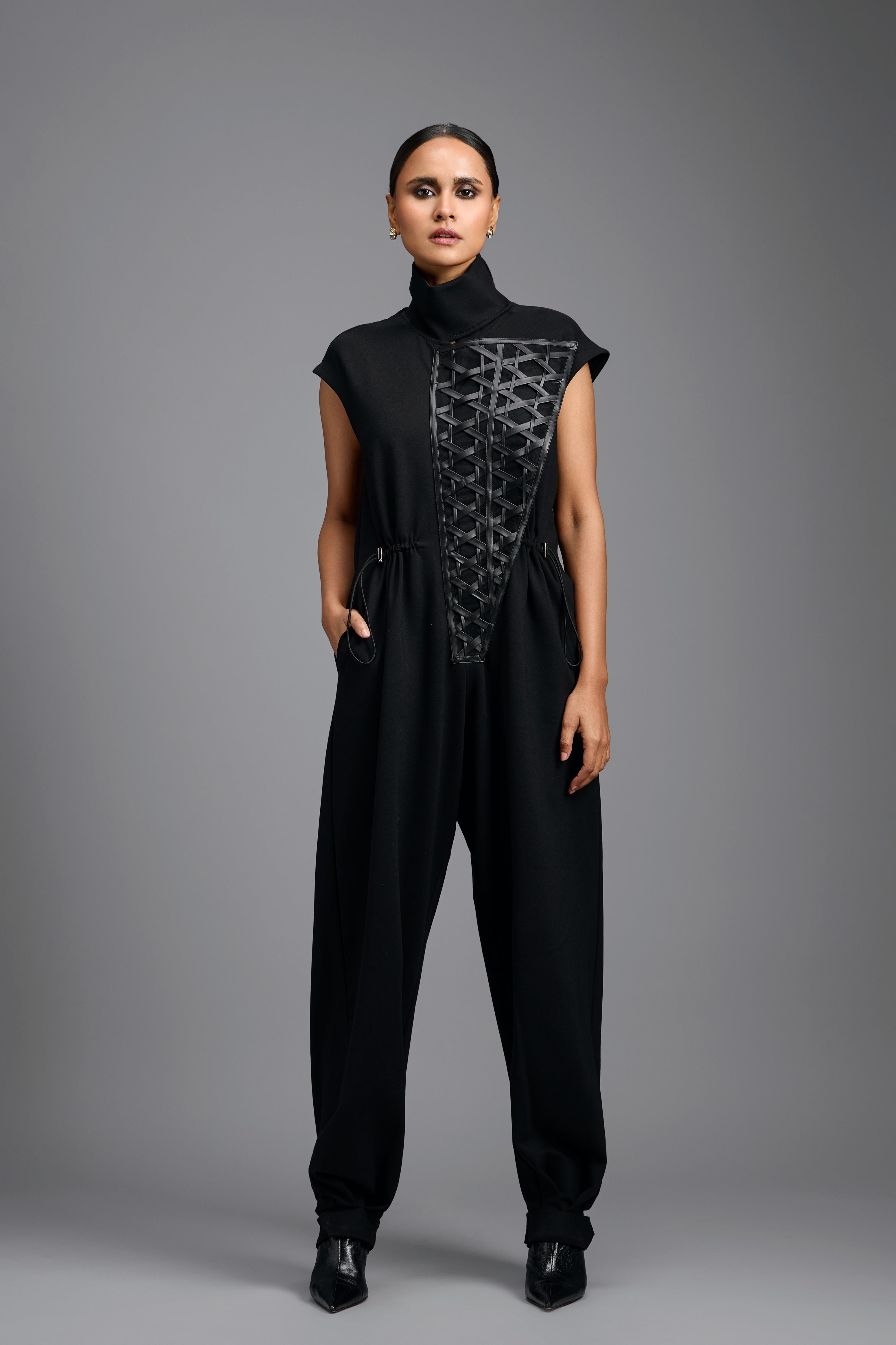 Black High-Neck Jumpsuit with Woven Leather Panel