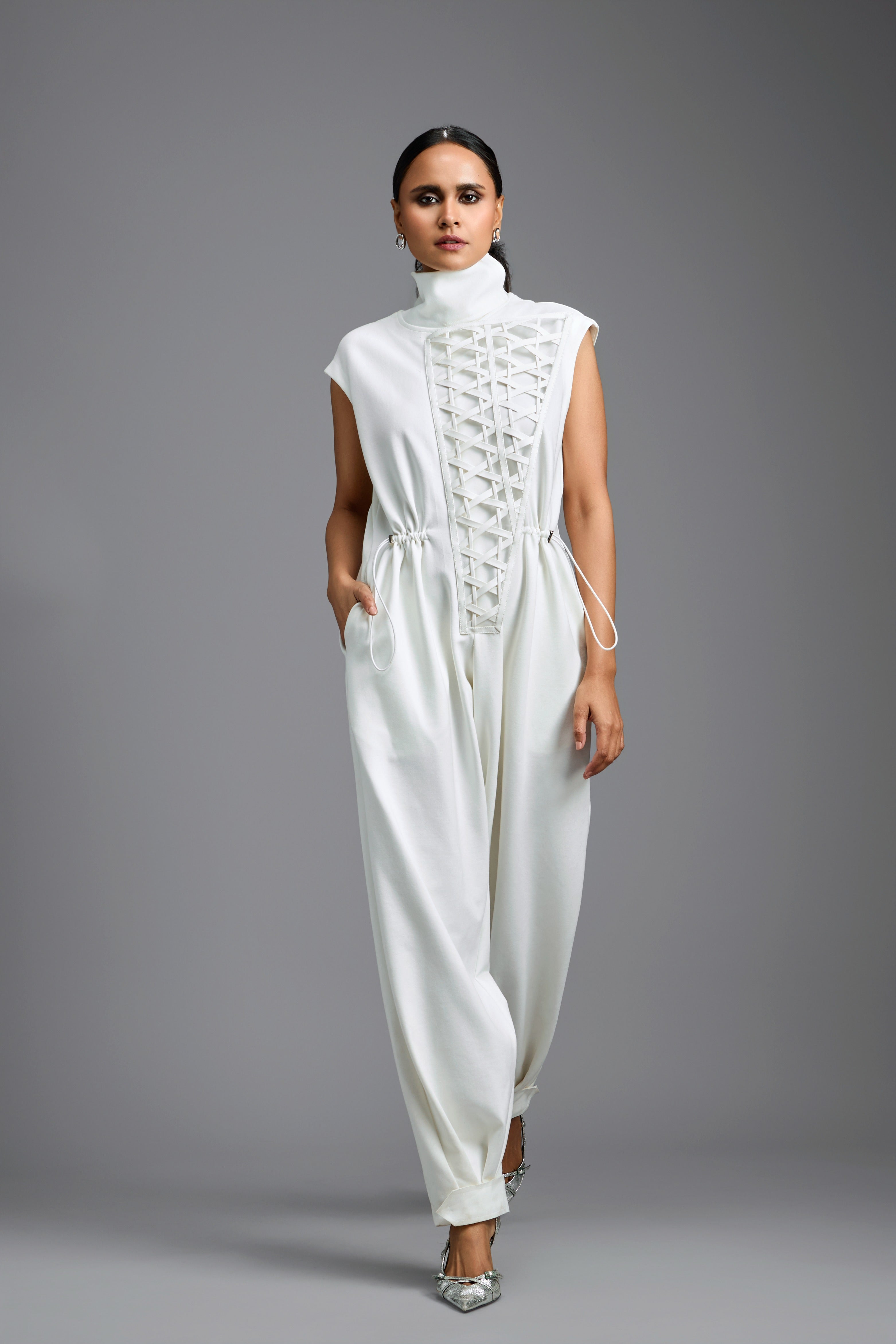 White High-Neck Jumpsuit with Woven Leather Panel