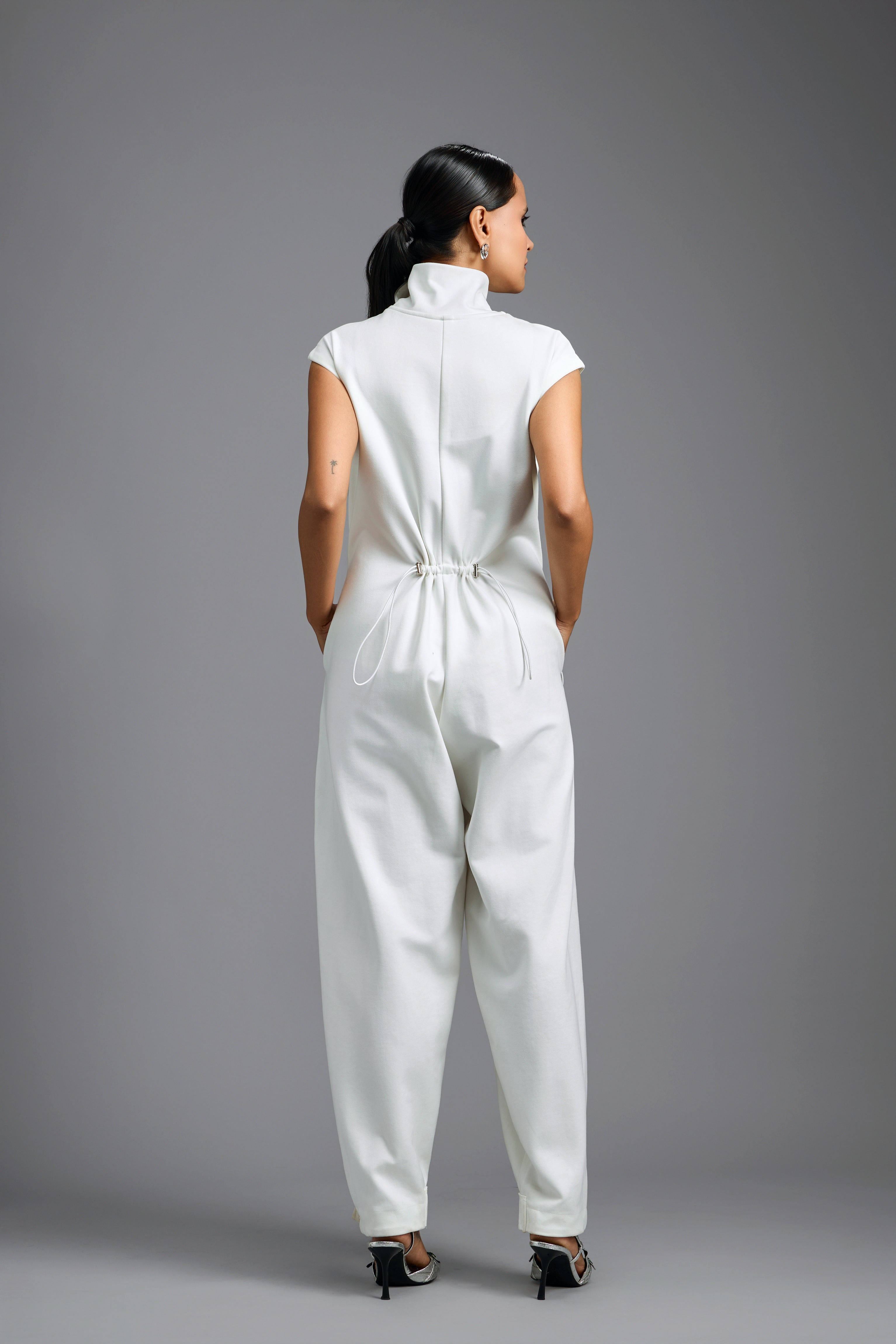 White High-Neck Jumpsuit with Woven Leather Panel