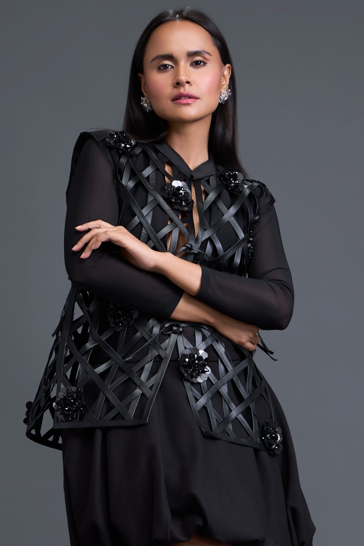 Leather Lattice Jacket & Sheer Bustier